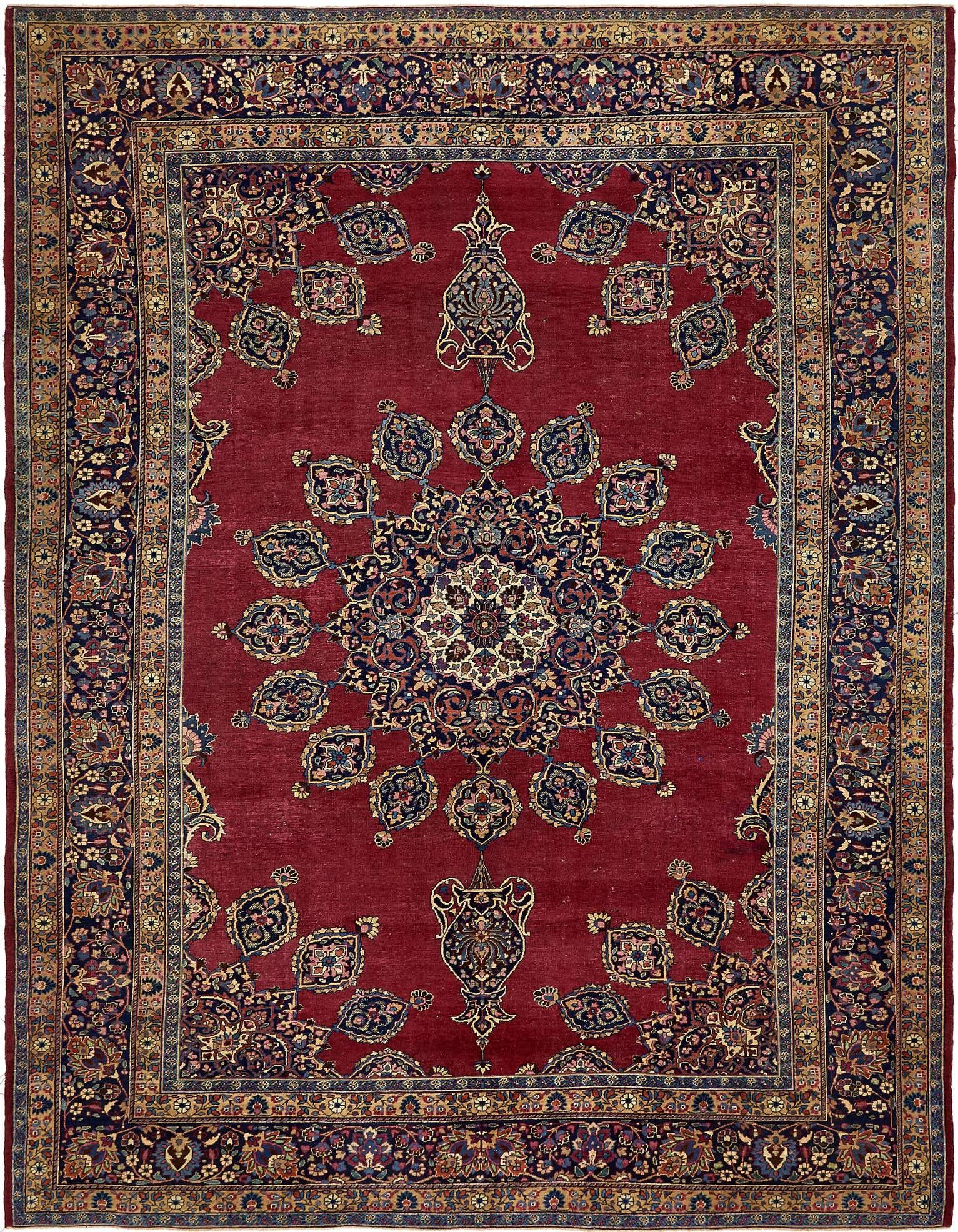 A 10x13 rectangular red Persian wool rug with a central medallion and intricate botanical patterns.