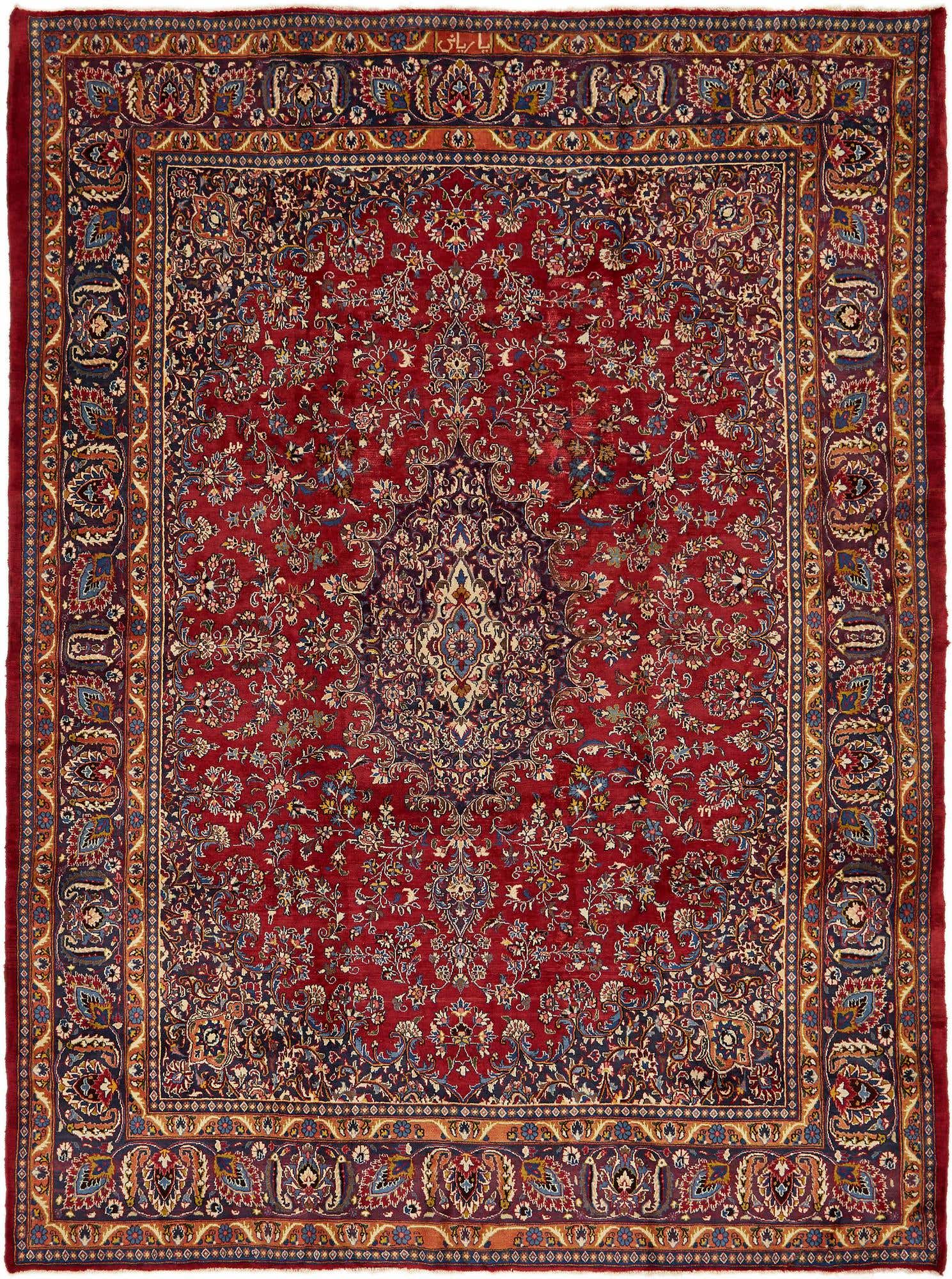 A 10x13 rectangular red Persian wool rug with a central medallion and intricate botanical patterns.