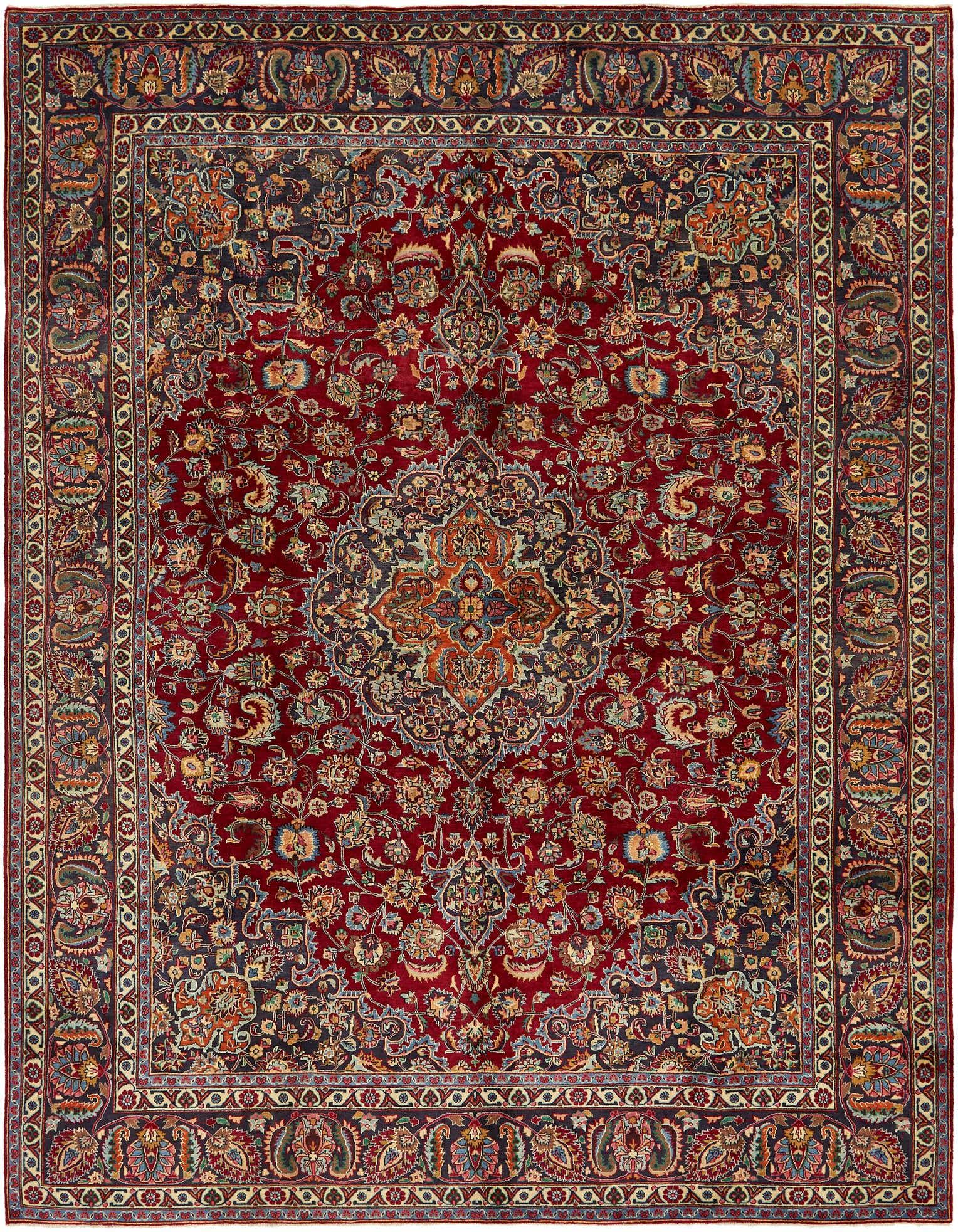 A 10x13 rectangular handmade Persian rug with a rich red field, intricate botanical patterns, and a central medallion.
