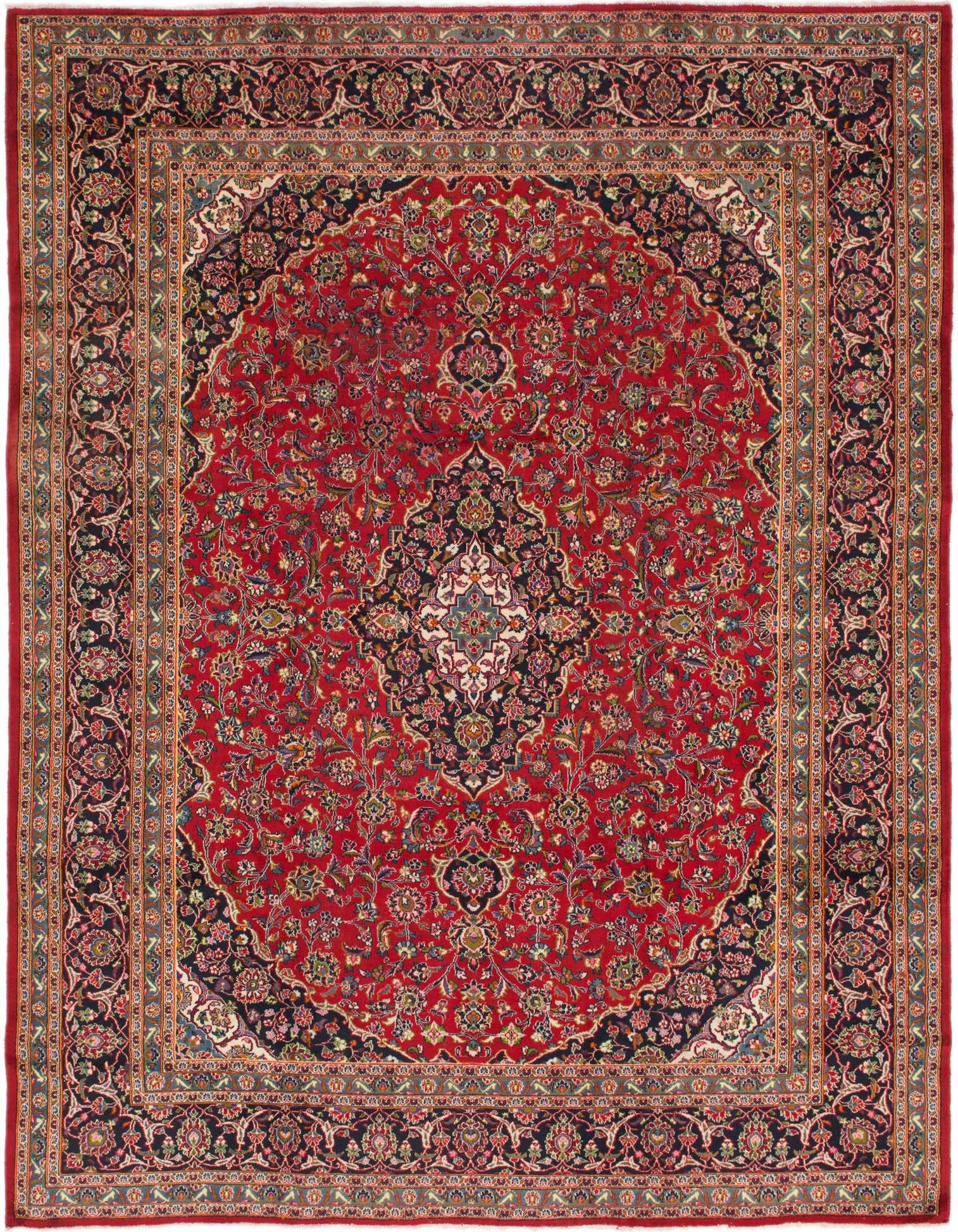 A 10x13 rectangular red Persian wool rug with a detailed botanical medallion pattern and a dark border.