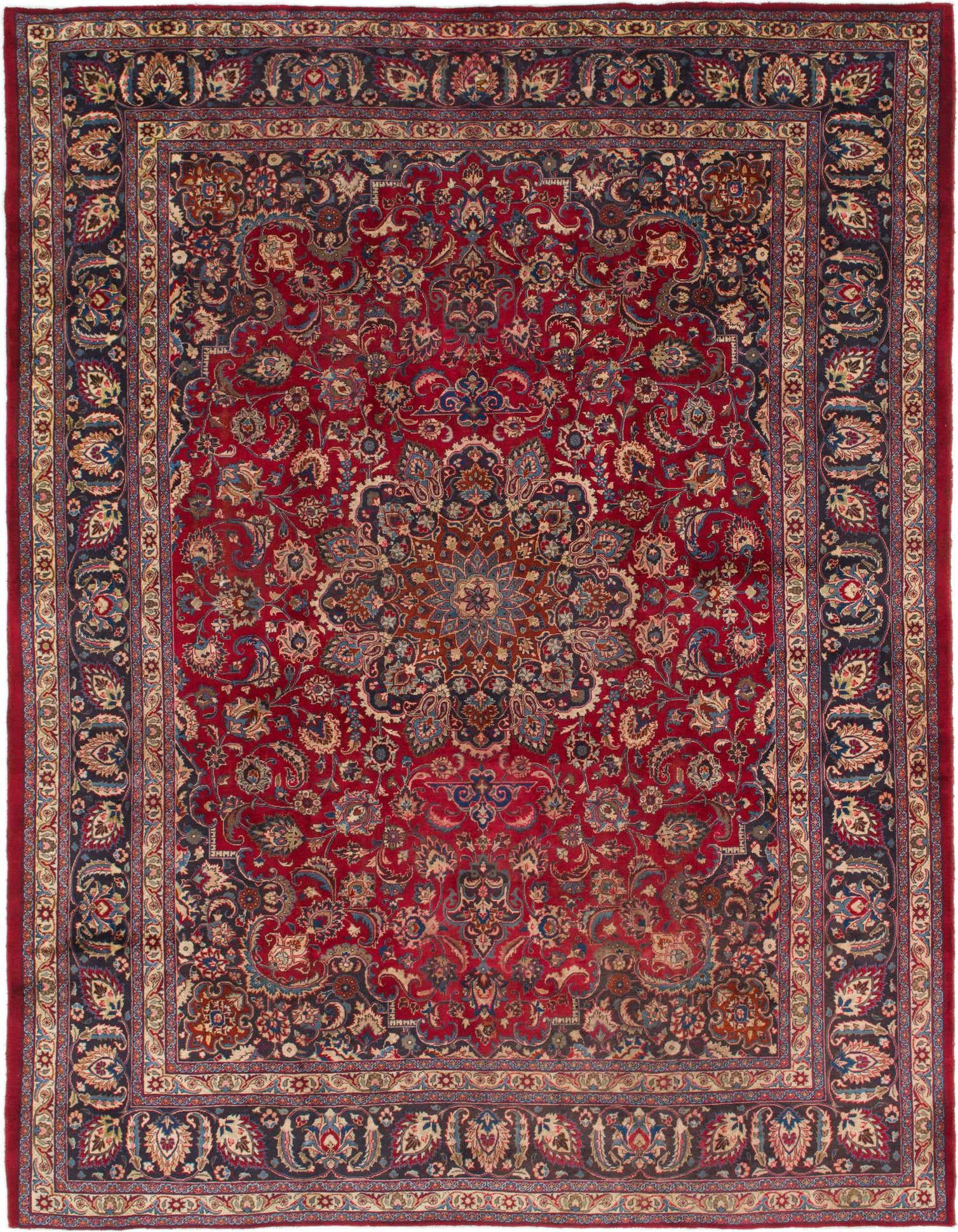 A large 10x13 rectangular red Persian rug with an intricate central medallion and botanical patterns, framed by a dark blue border.