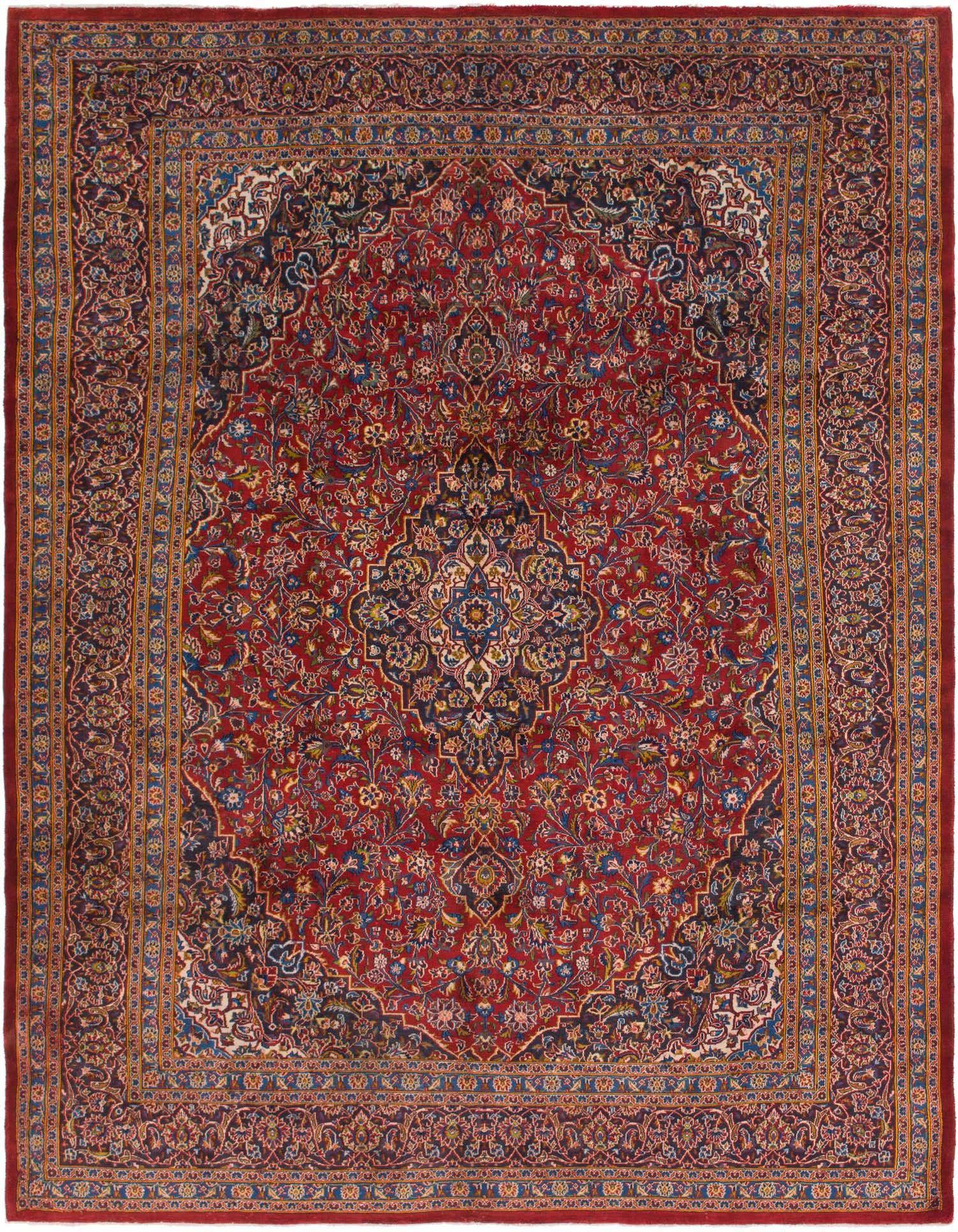A 10x13 rectangular Mashad rug featuring a traditional red Persian design with a central medallion and intricate botanical patterns.