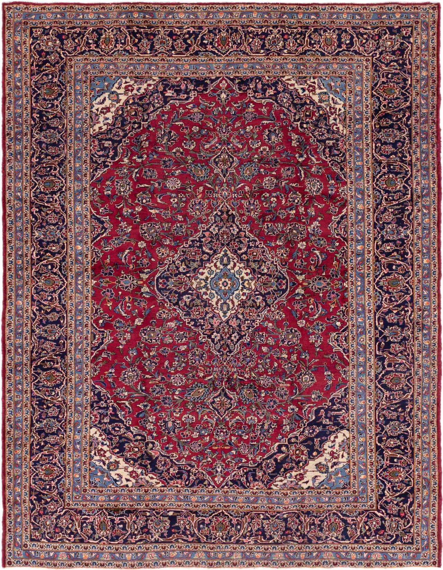 A 10x13 rectangular red Persian Mashad rug with an intricate botanical medallion pattern and navy border.