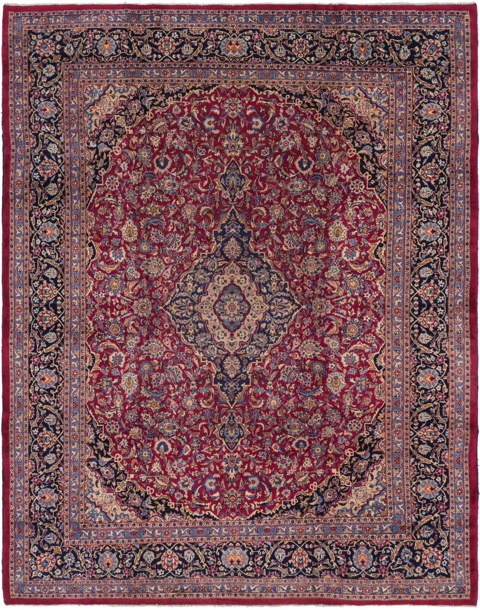 A 10x13 rectangular red Persian rug with an intricate botanical medallion pattern and a dark navy border, ideal for a living room.