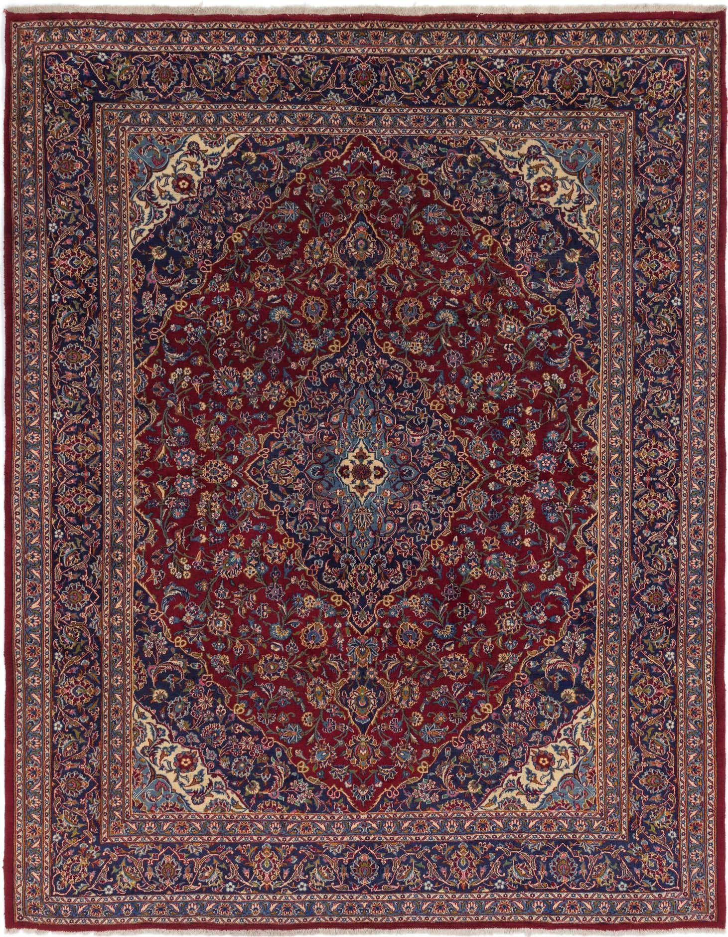 A 10x13 rectangular red Persian wool rug with a central medallion and intricate botanical patterns, ideal for a living room.