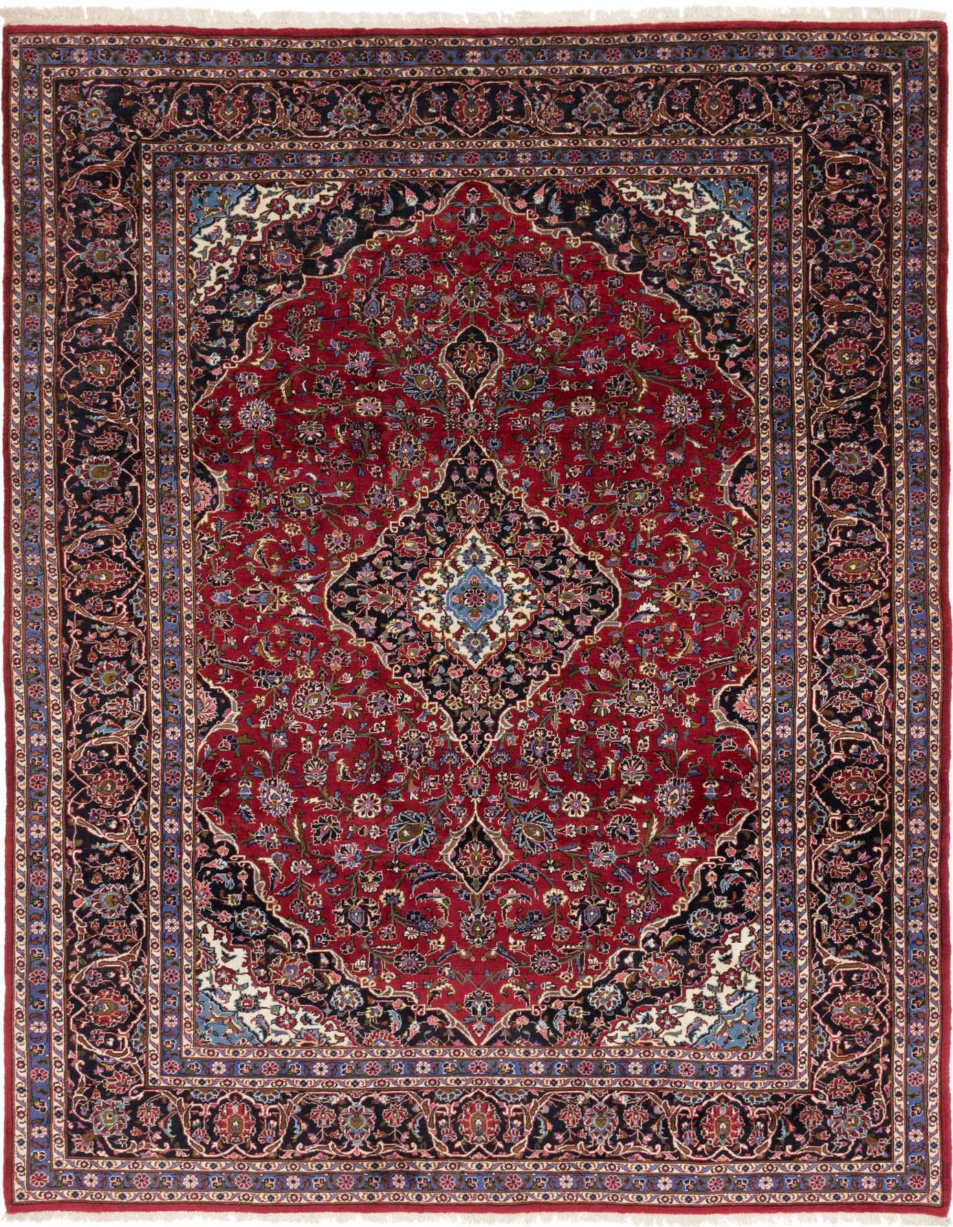 A 10x13 rectangular red Persian rug with a central medallion and intricate botanical patterns, perfect for a living room.