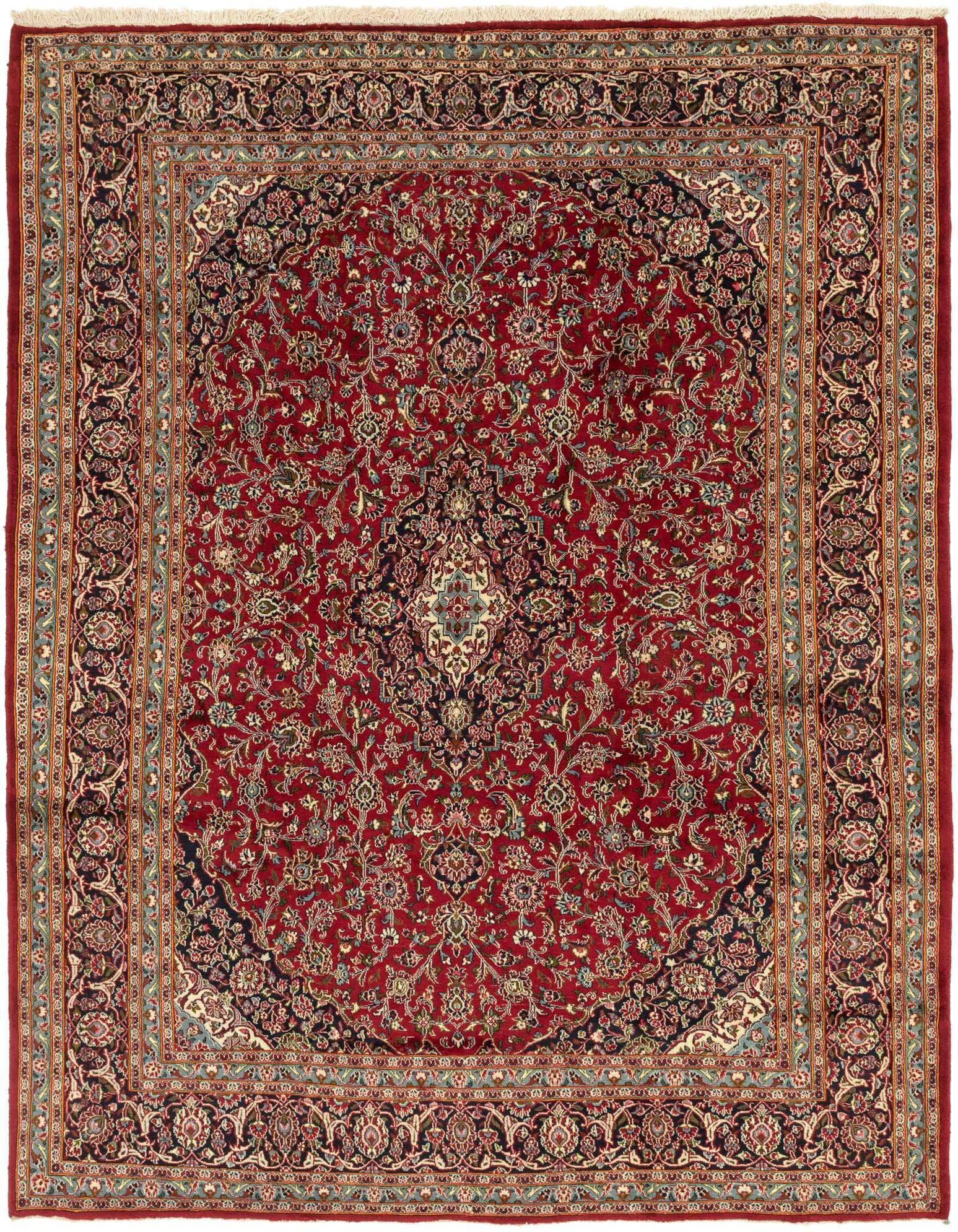 A 10x13 rectangular red Persian rug with an intricate botanical medallion pattern and a dark border.