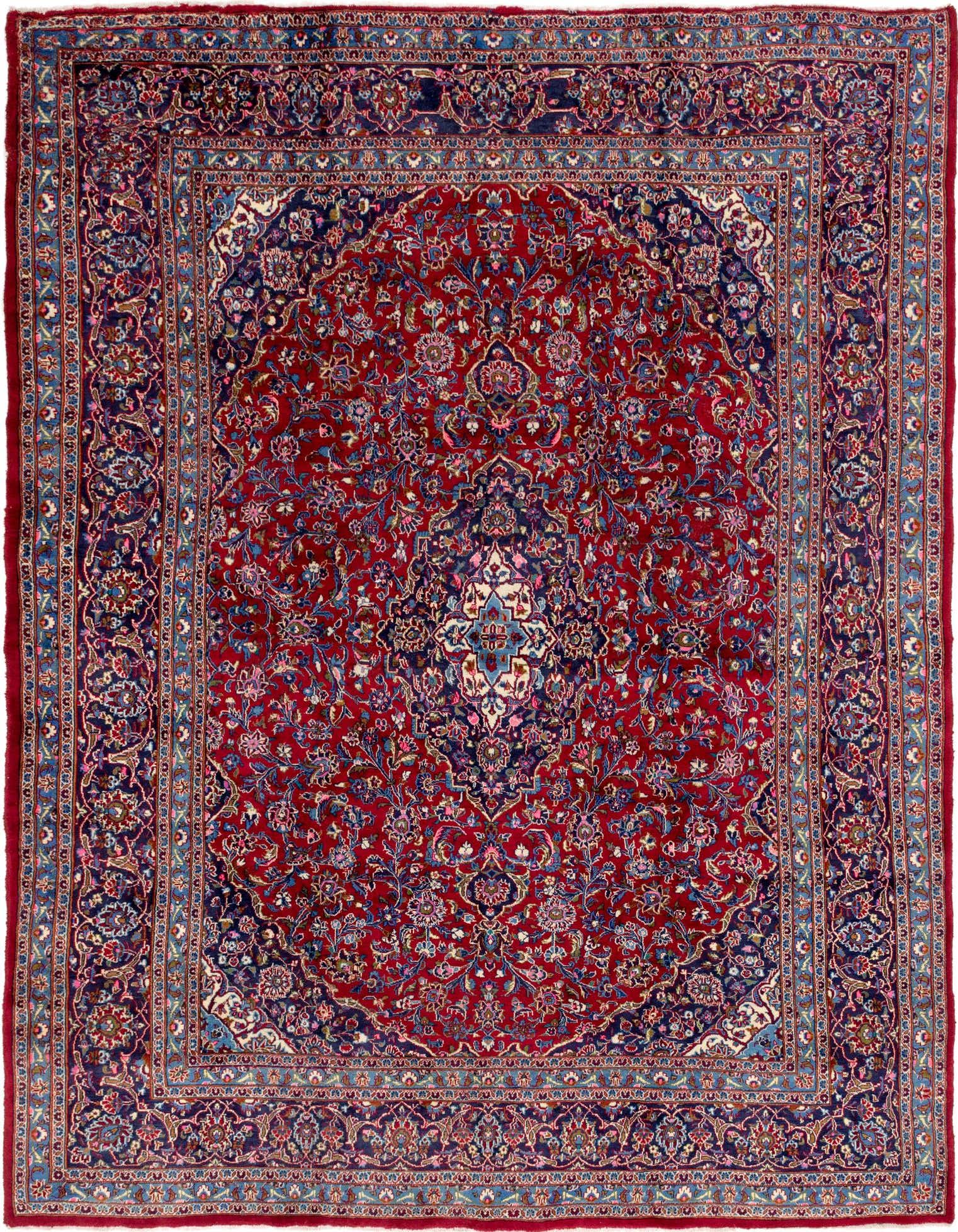 A 10x12 rectangular Mashad Persian rug in rich reds and blues, featuring an intricate traditional botanical medallion pattern.