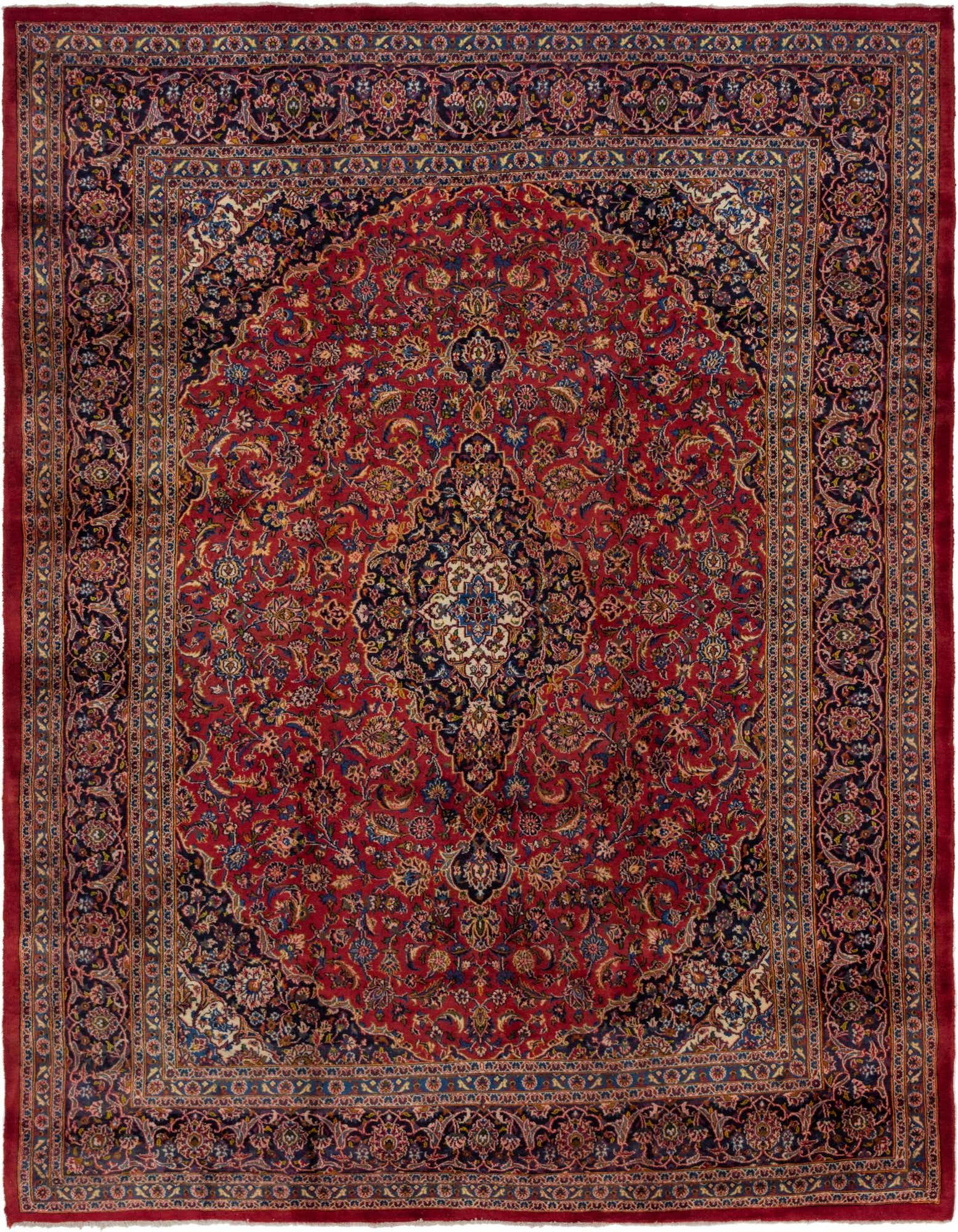 A 10x13 rectangular red Persian rug with a central medallion and intricate botanical patterns in navy, blue, and gold.