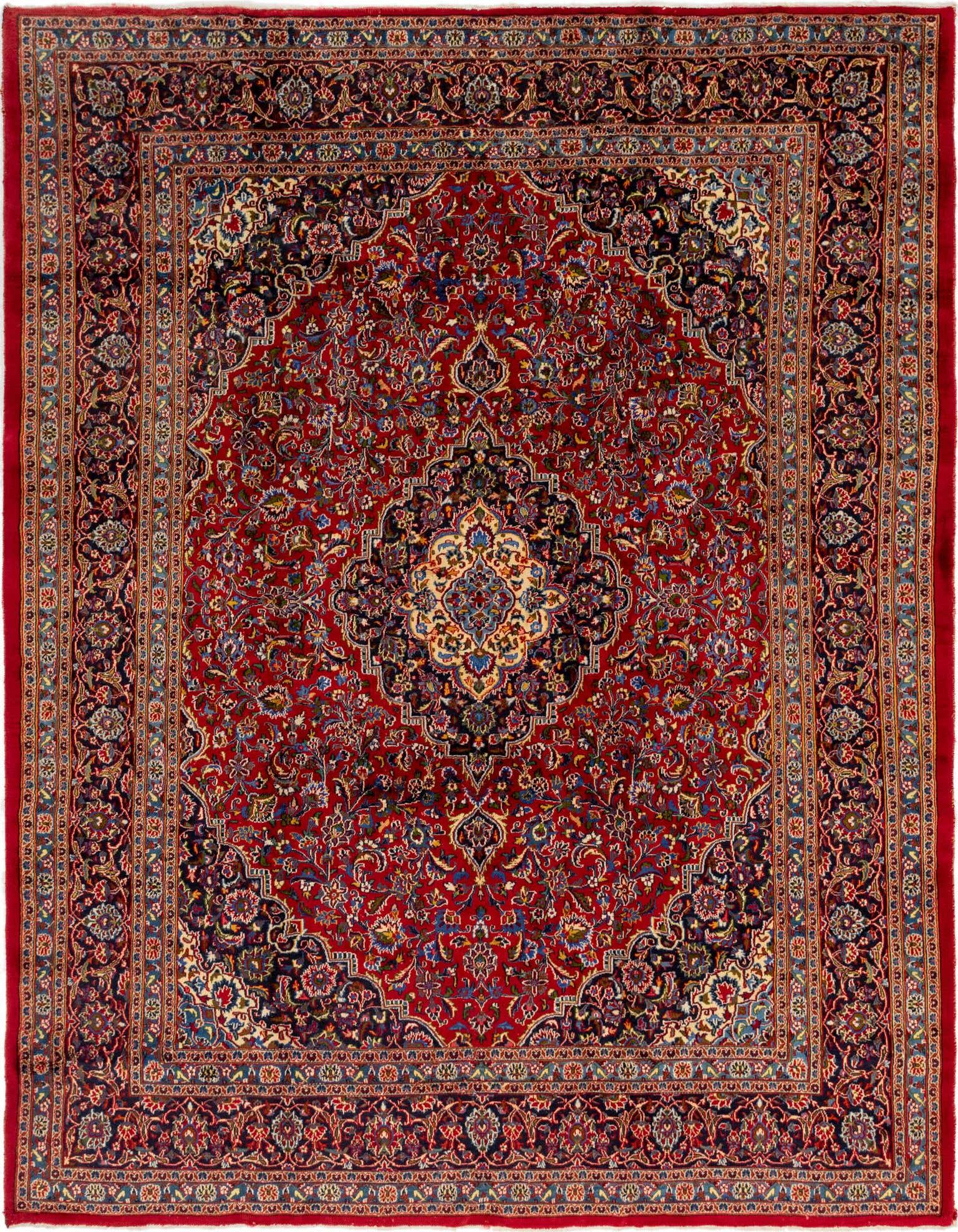 A 10x13 rectangular red Persian Mashad rug with an intricate medallion pattern and floral motifs, suitable for a living room.