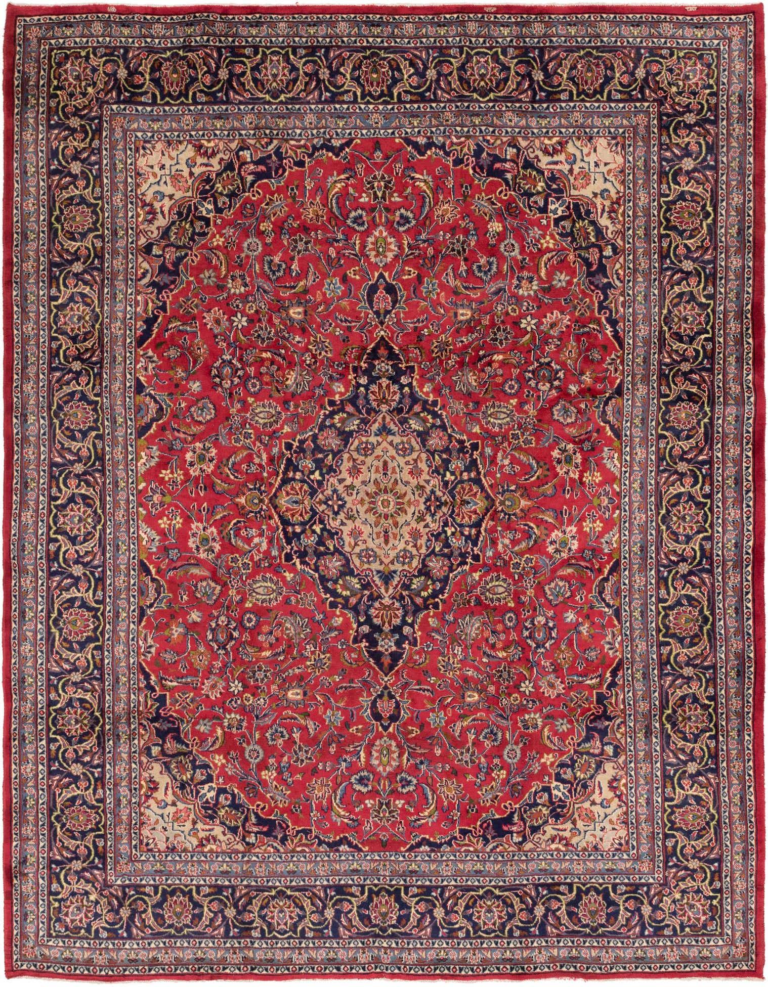 A 10x13 rectangular red Persian rug with a central medallion and intricate botanical patterns, ideal for a living room.