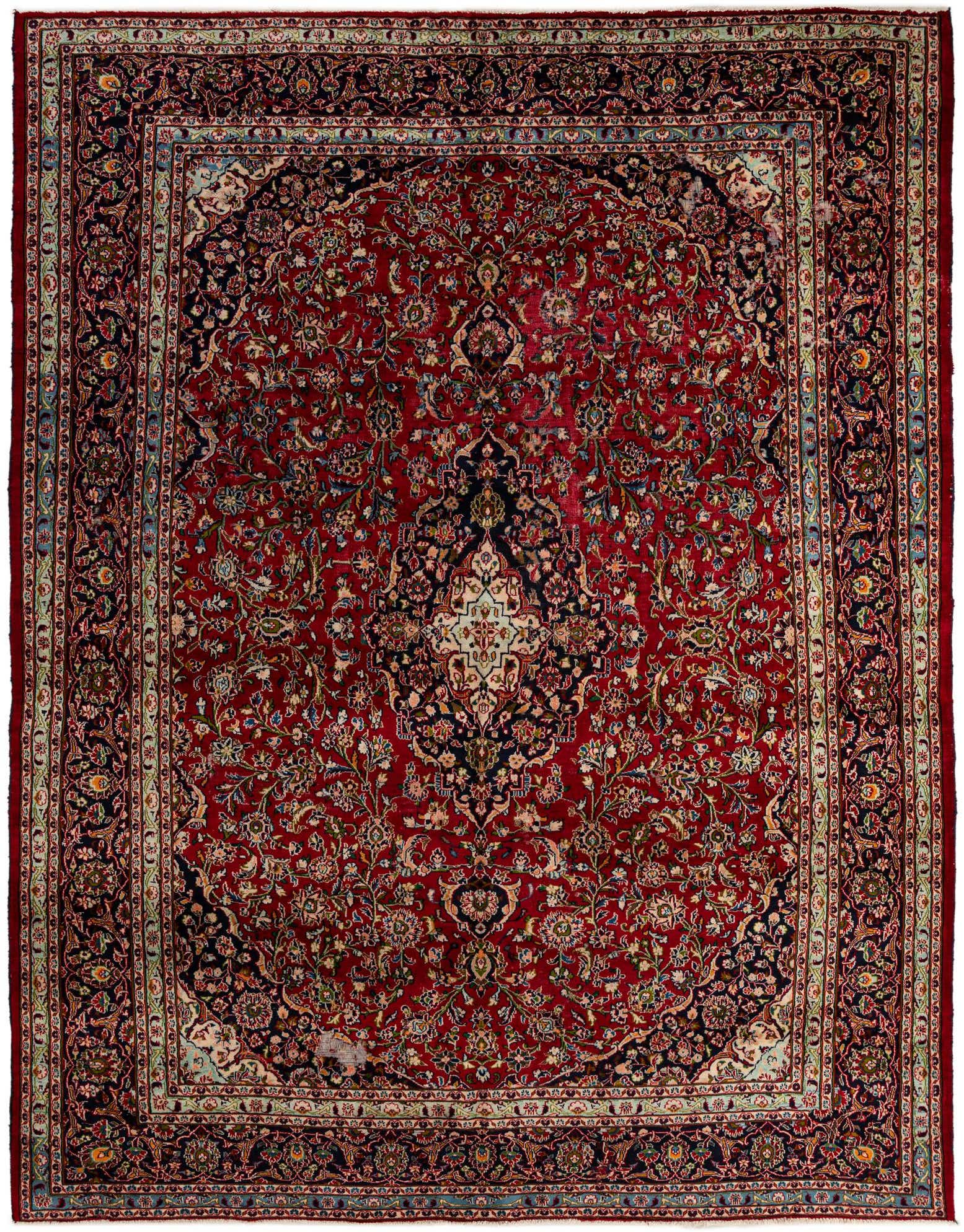 A 10x13 rectangular red Persian rug with a traditional botanical medallion pattern and intricate borders.