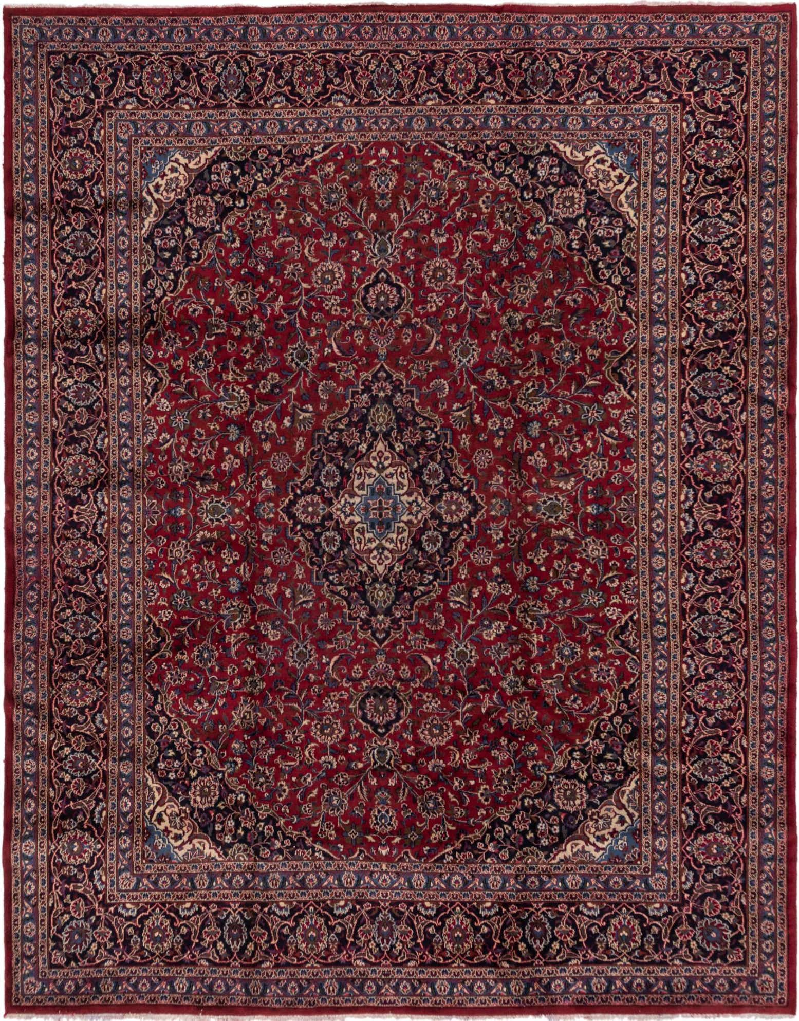 A large 10x13 rectangular red Persian rug with a detailed central medallion and intricate floral patterns in navy, cream, and blue.