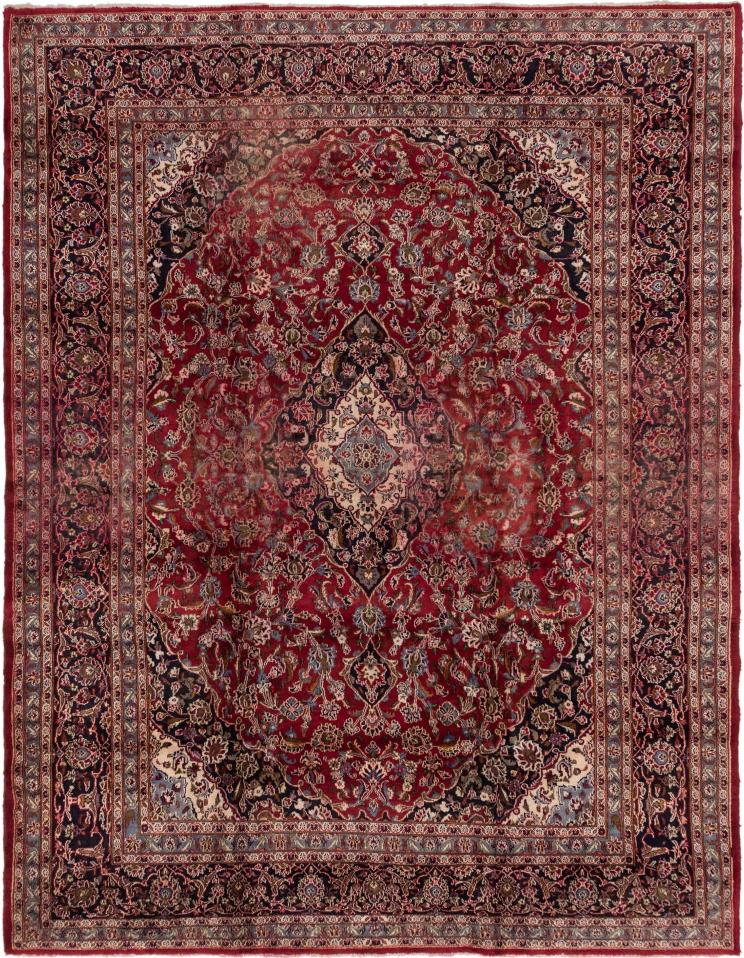 A 10x13 rectangular red Persian rug with an intricate botanical medallion pattern and dark borders, ideal for a living room.