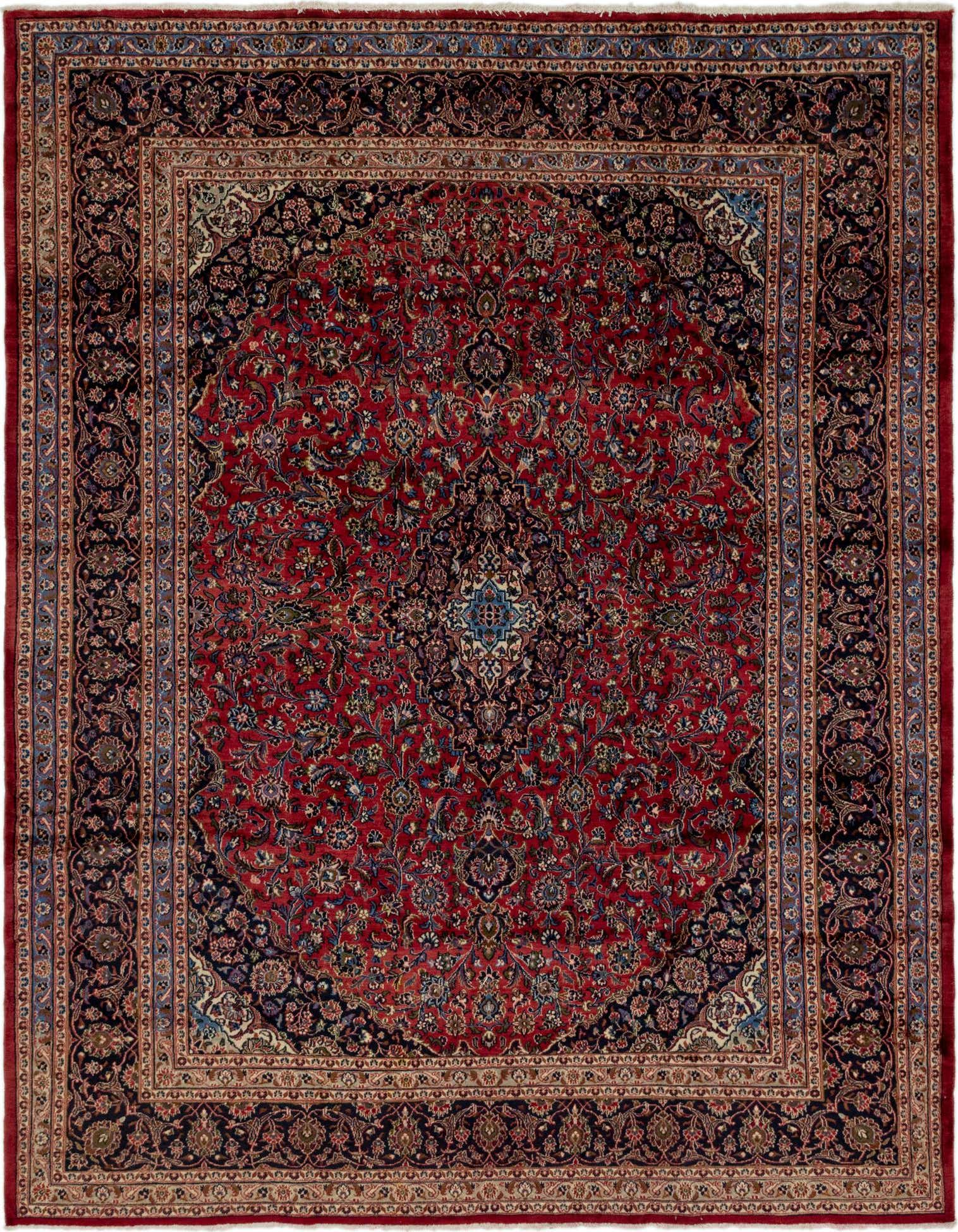 A 10x13 rectangular red Persian rug with an intricate floral medallion pattern and a dark border.