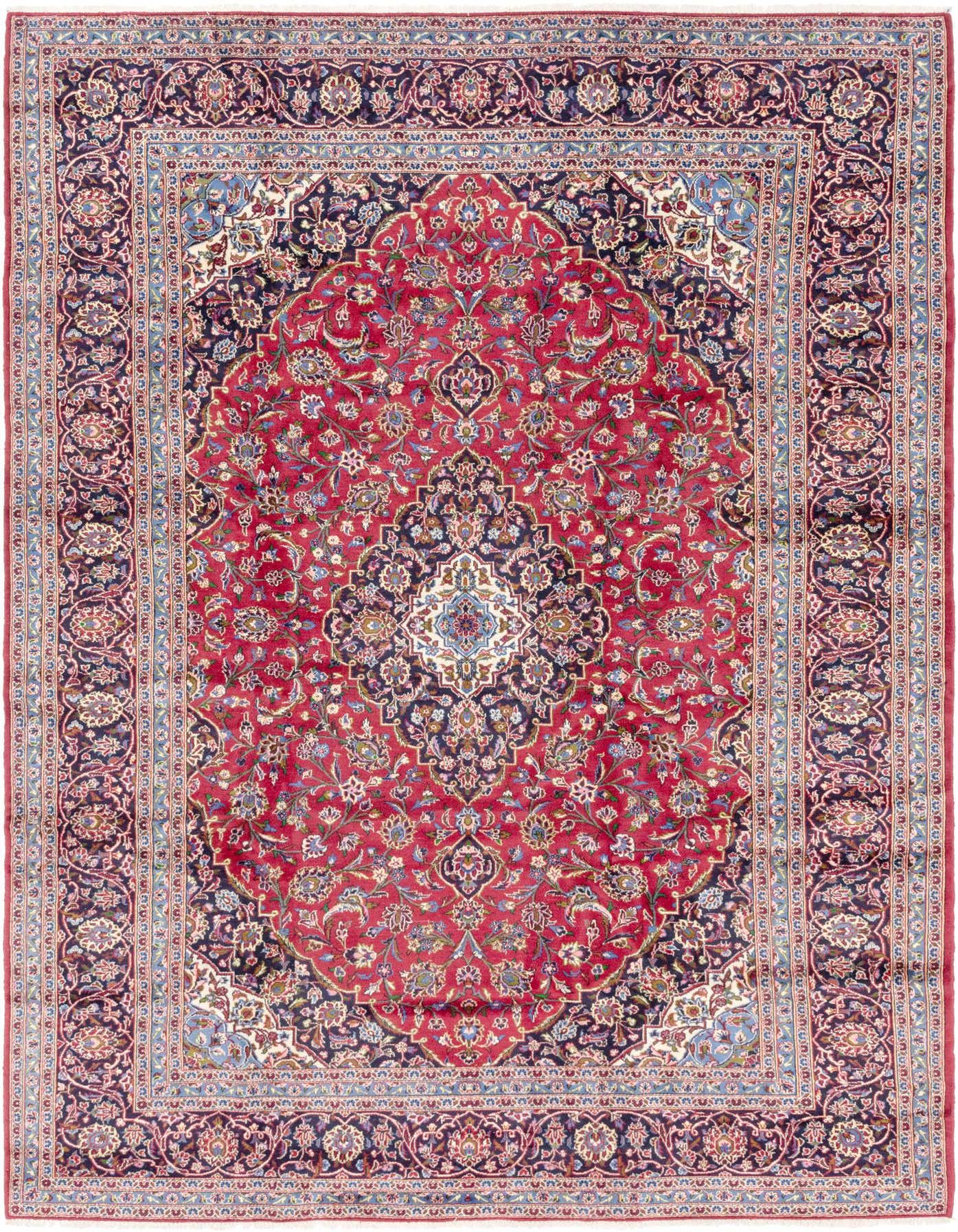 A 9x12 rectangular red Persian rug with a central medallion and intricate floral patterns in navy, blue, and cream.