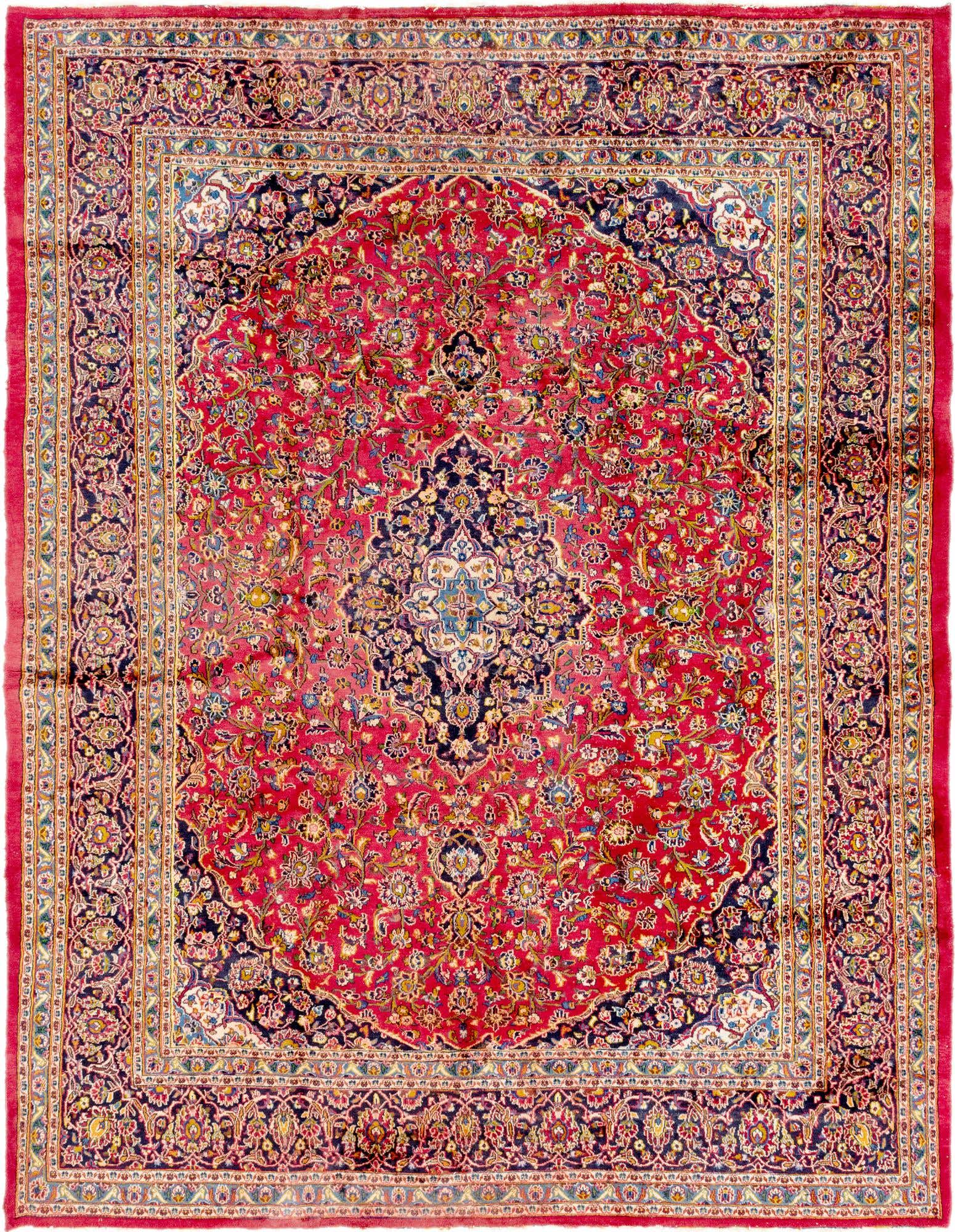 A 10x13 rectangular red Persian wool rug featuring a central medallion and intricate botanical patterns.