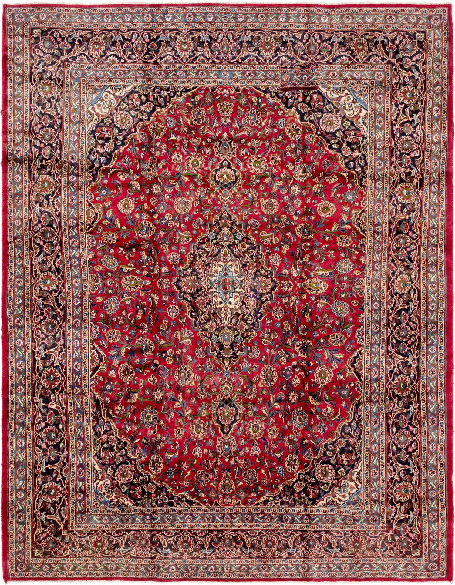 A large 10x13 rectangular red Persian Mashad rug with an intricate floral medallion pattern and a dark border.