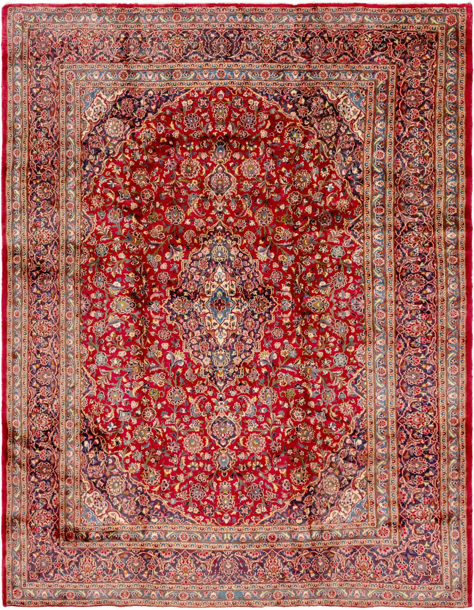 A 10x13 rectangular red Persian rug with an intricate traditional medallion pattern and floral motifs, suitable for a living room.