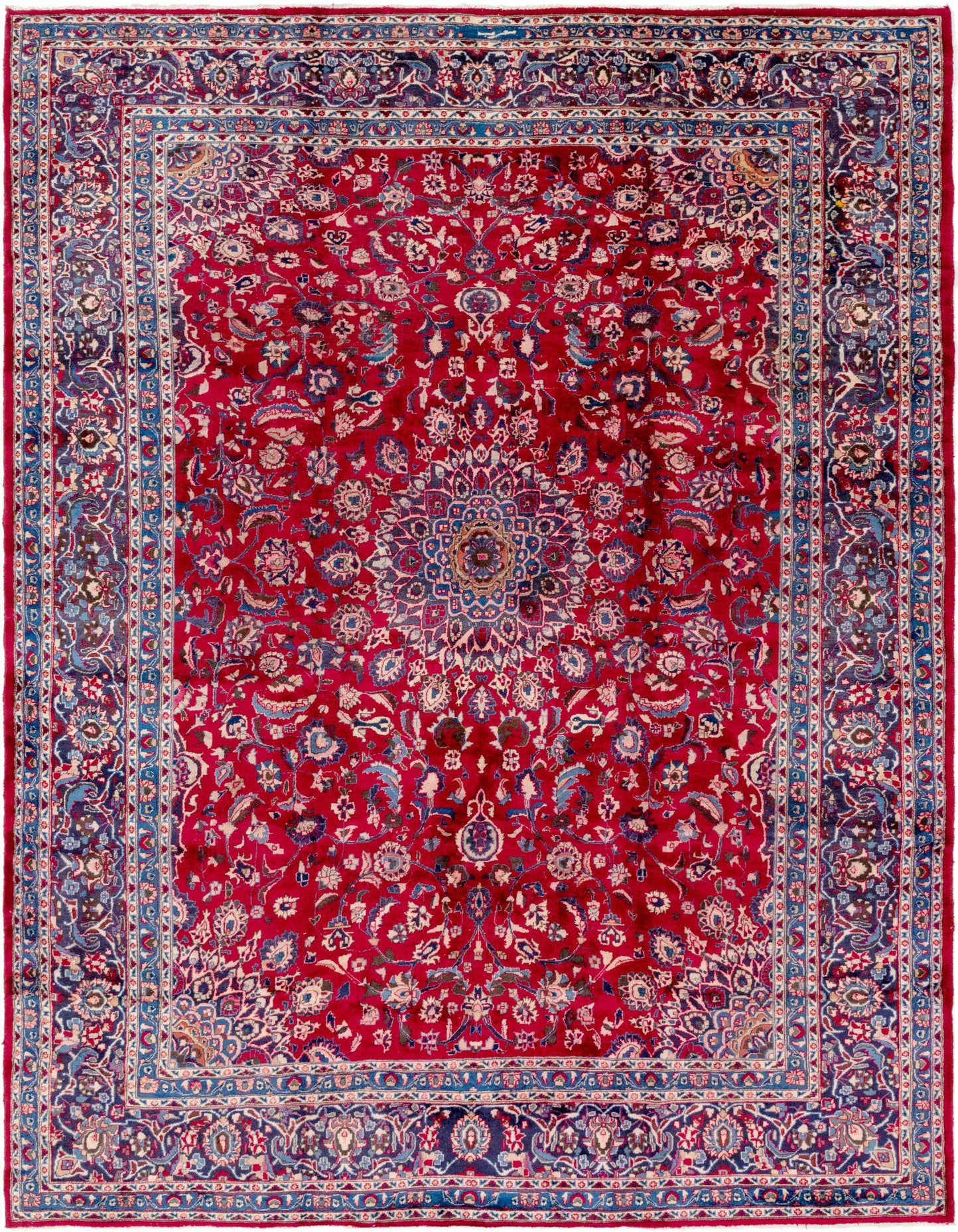 A large 10x13 rectangular red Persian Mashad rug with an intricate blue medallion and floral patterns.
