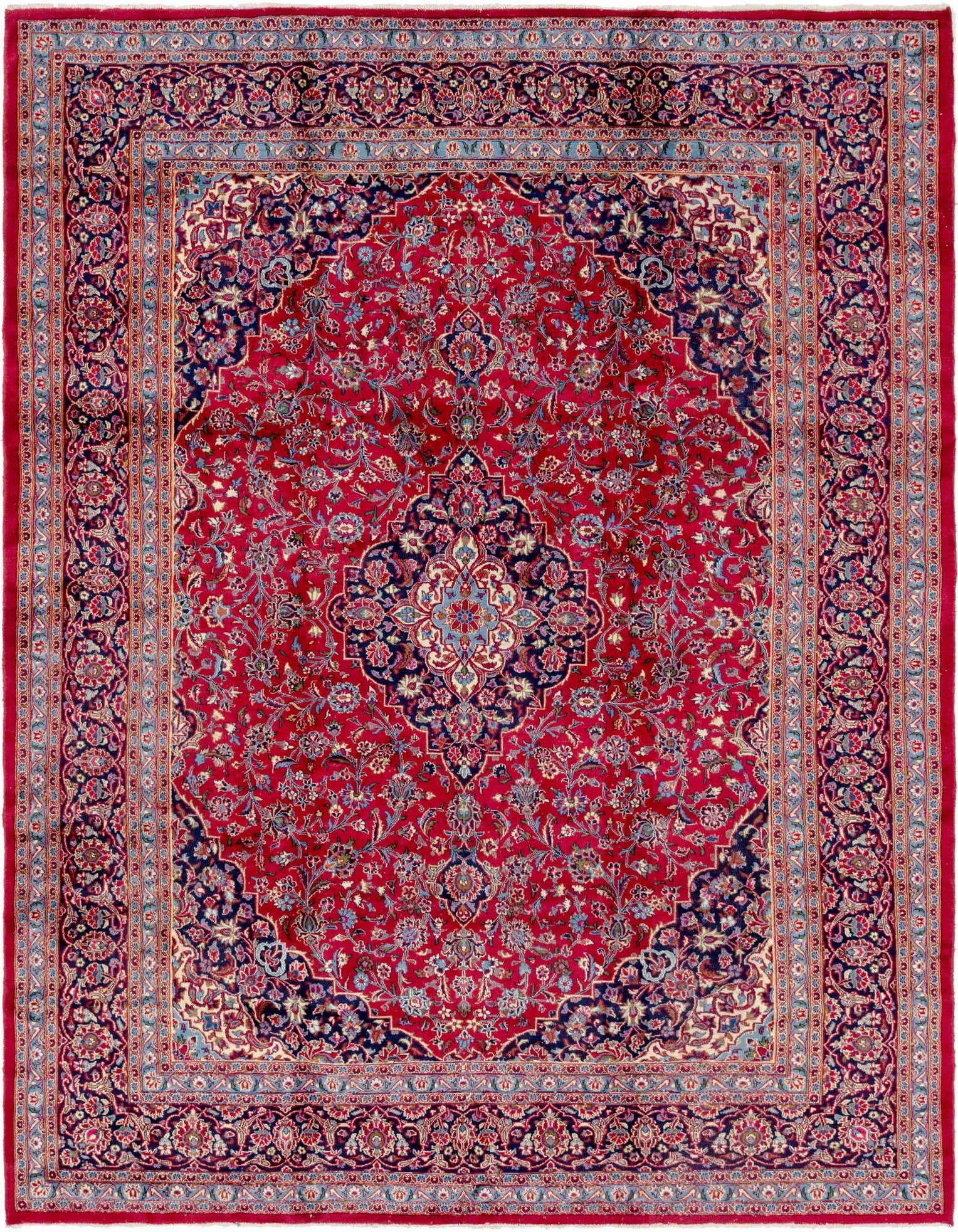 A 10x13 rectangular red Persian wool rug with an intricate traditional medallion pattern and ornate borders.