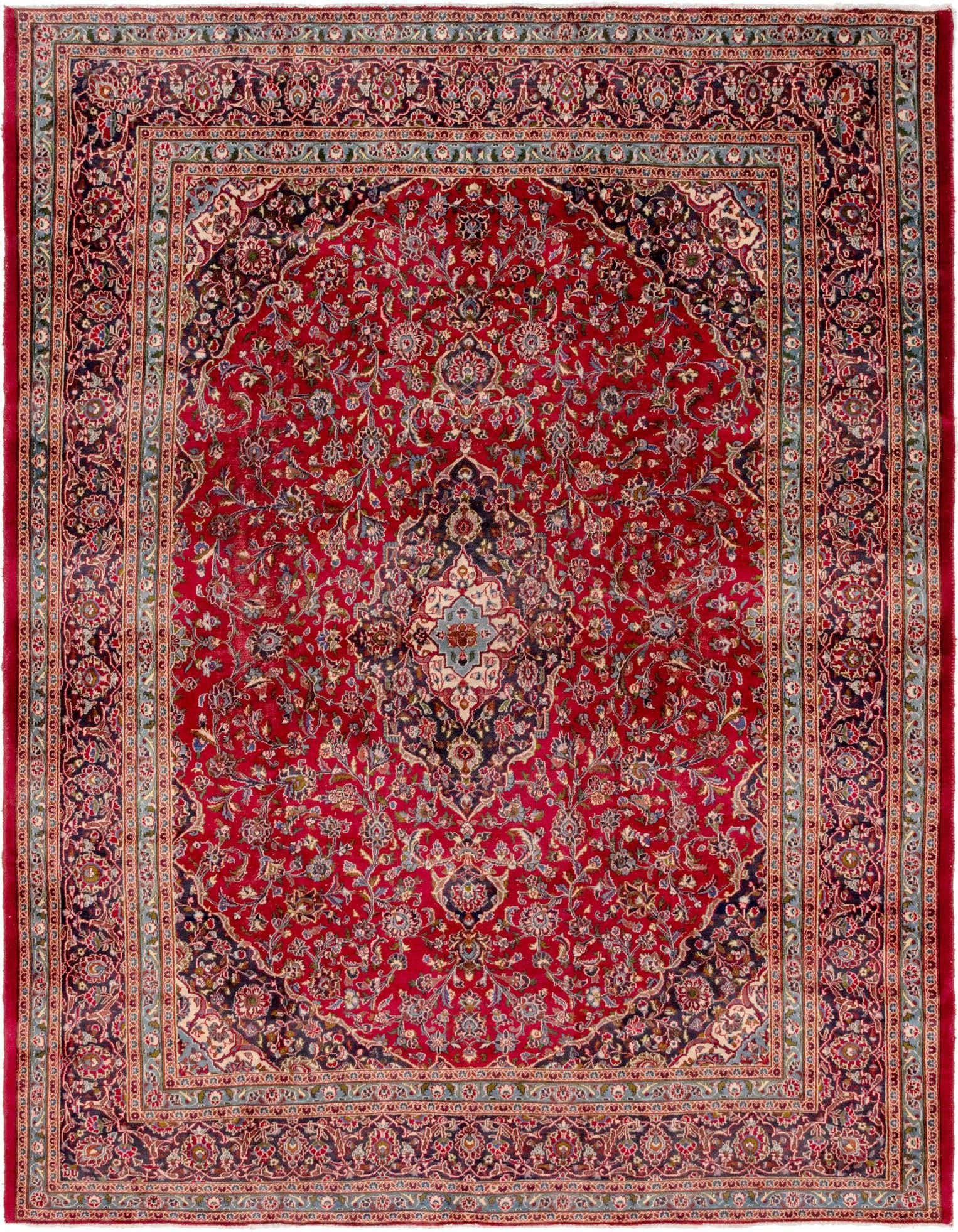 A 10x13 rectangular red Persian wool rug with an intricate medallion pattern and traditional floral border.