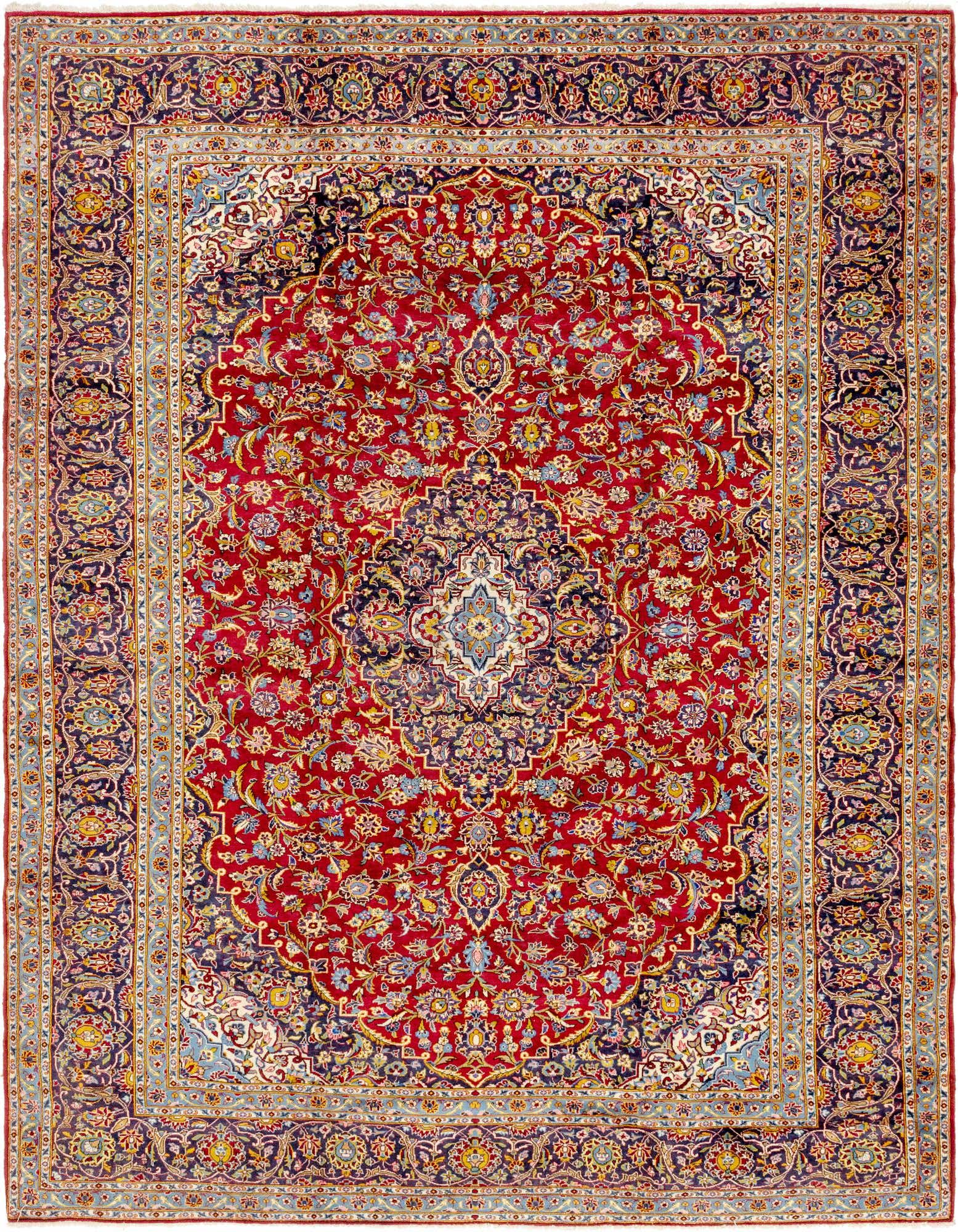 A rectangular 10x13 red Persian rug with a central medallion and intricate botanical patterns in blue, gold, and cream.