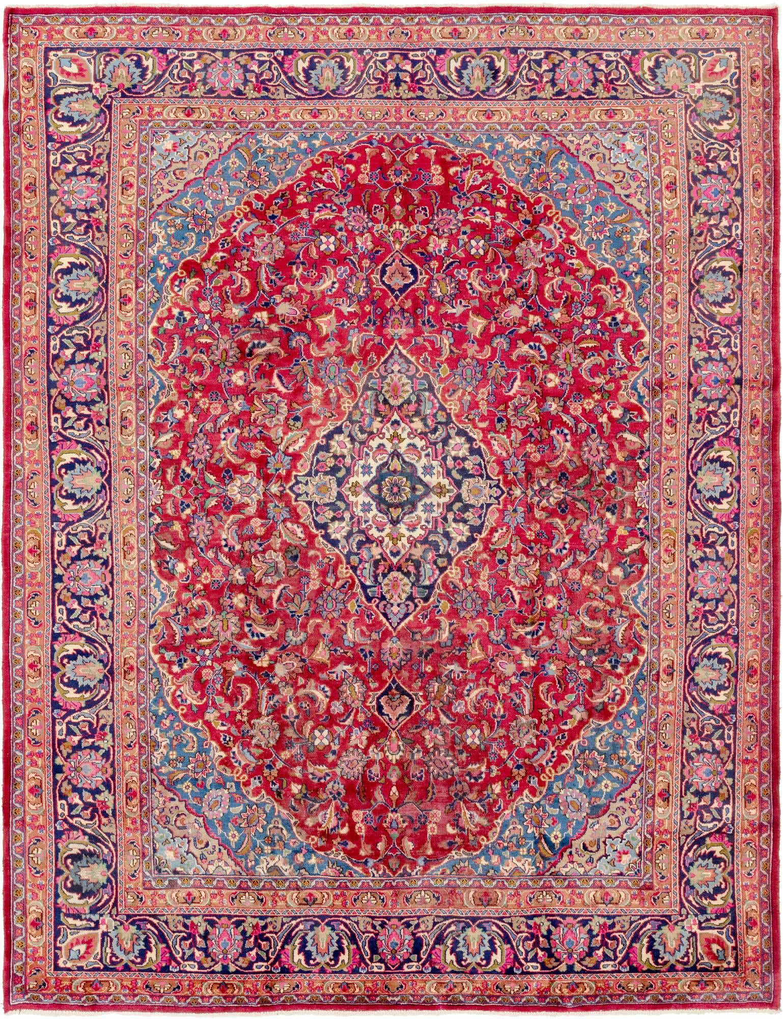 A 10x13 rectangular red Persian rug with a central medallion and intricate botanical patterns in blue, pink, and cream.