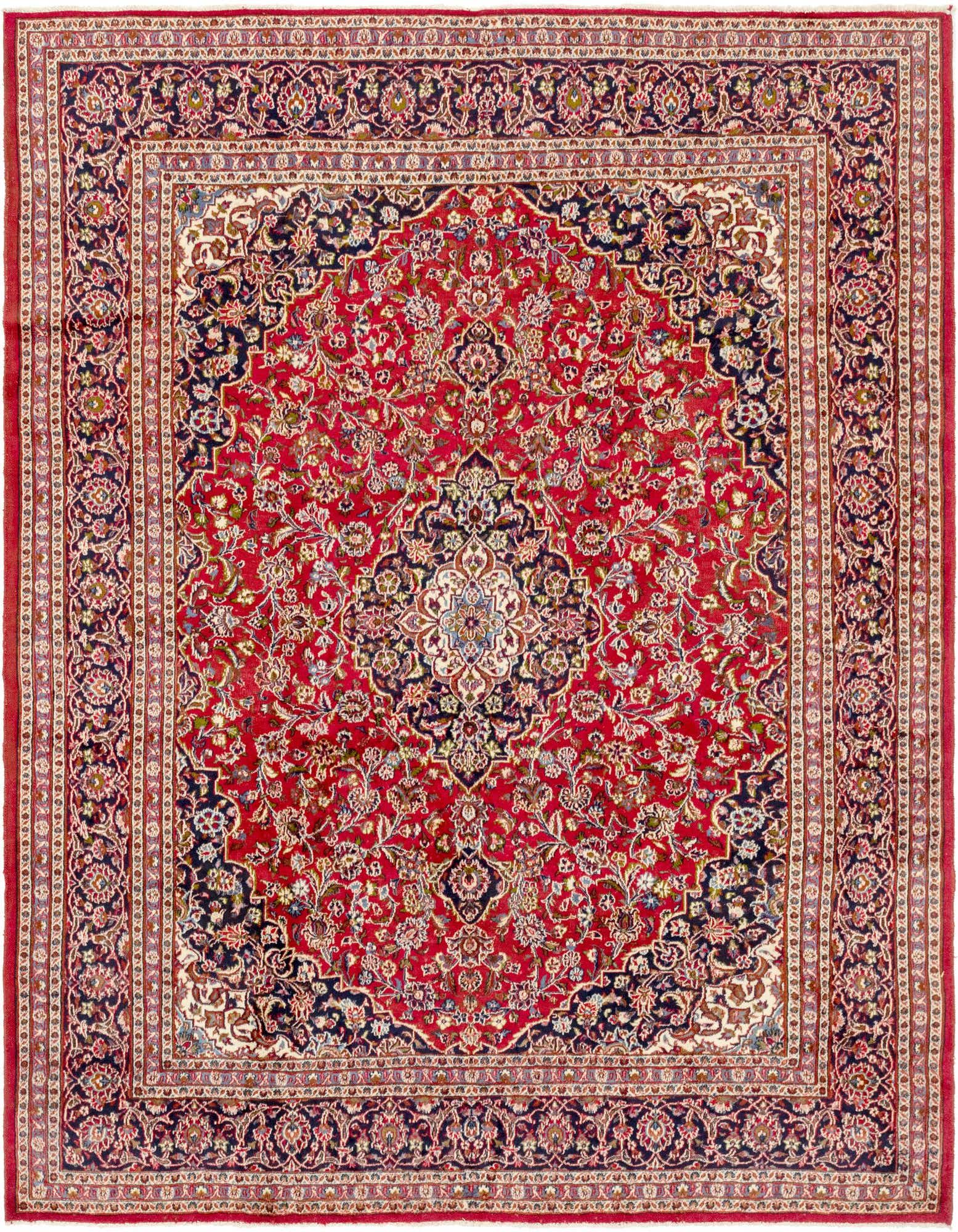 A large 10x12 rectangular red Persian rug with a central medallion and intricate botanical patterns in navy, cream, and gold.