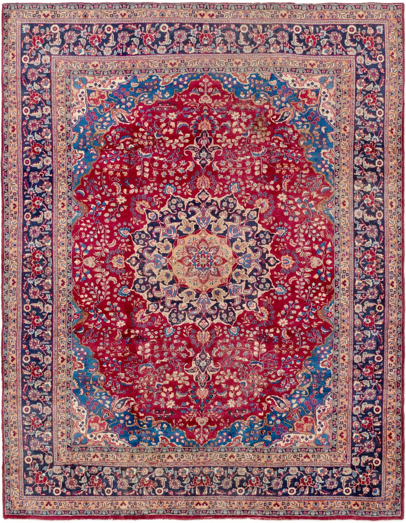 A large 10x13 rectangular red Persian rug with a central medallion and intricate botanical patterns, featuring navy blue borders.