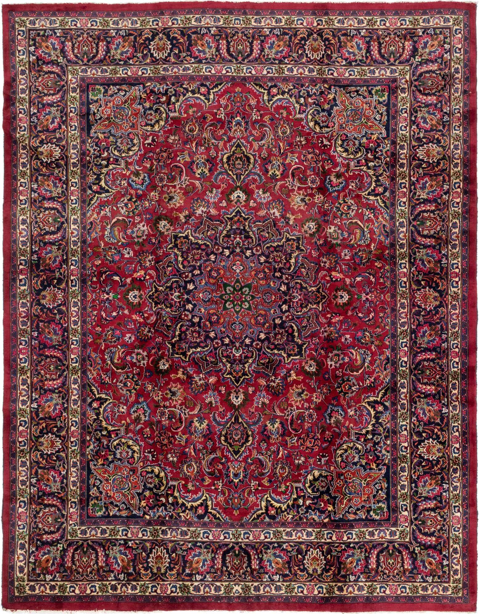 A large 10x13 rectangular red Persian rug with an intricate traditional medallion pattern and floral motifs.