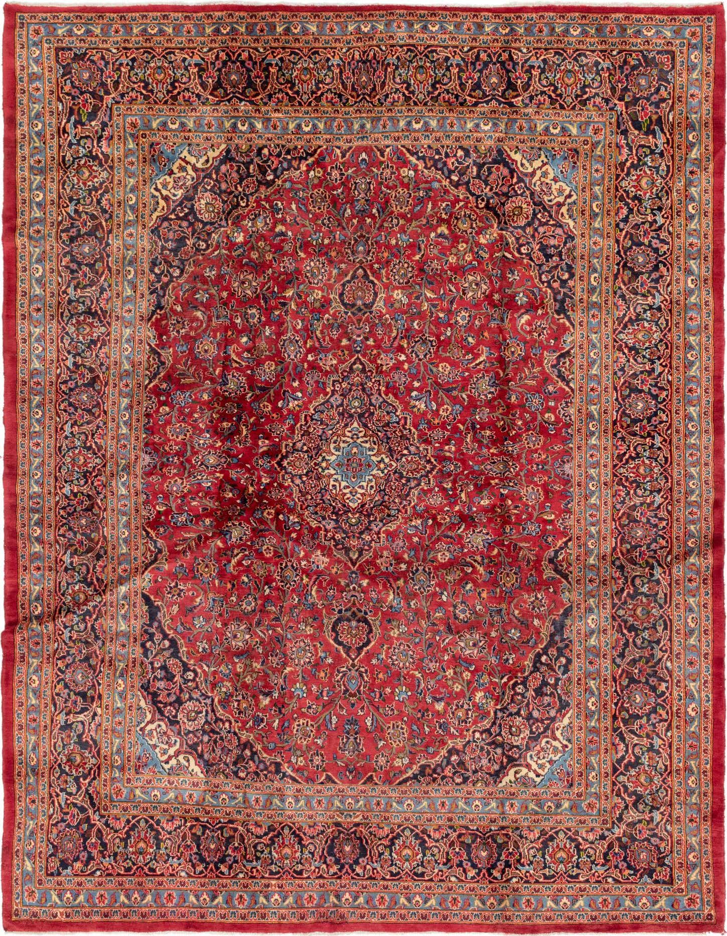 A 10x13 rectangular red Persian rug with a detailed medallion and botanical pattern, featuring navy and gold accents.