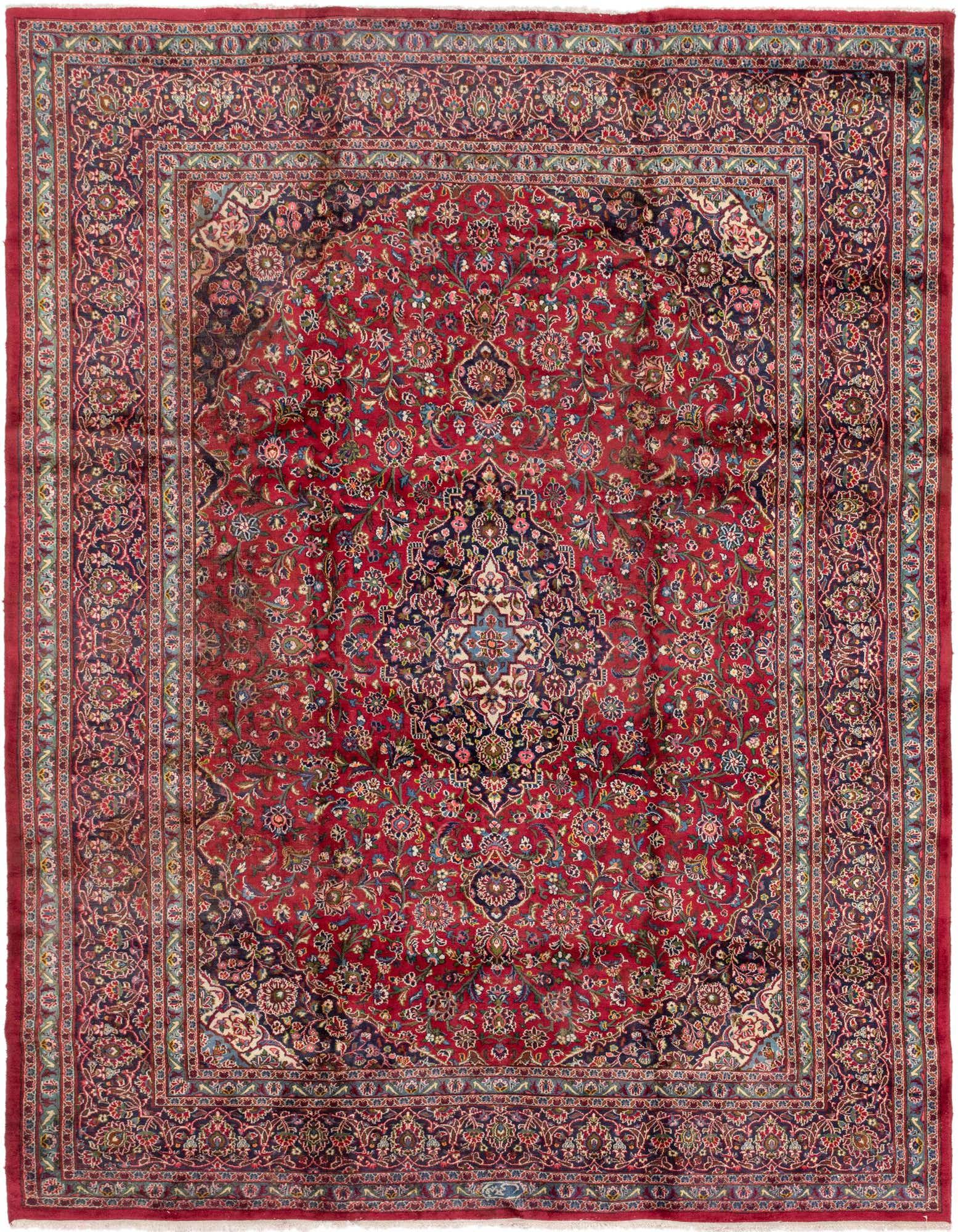 A large 10x13 rectangular red Persian rug with an intricate botanical medallion pattern and multiple borders.