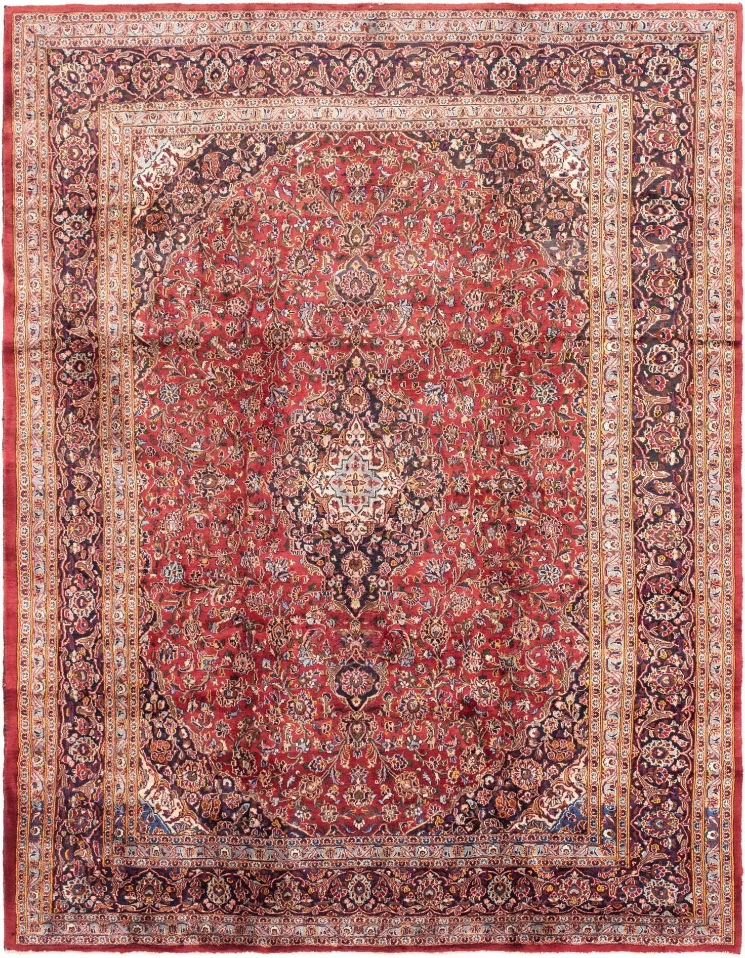 A large 10x13 rectangular red Persian rug with an intricate traditional botanical medallion pattern and multiple borders.