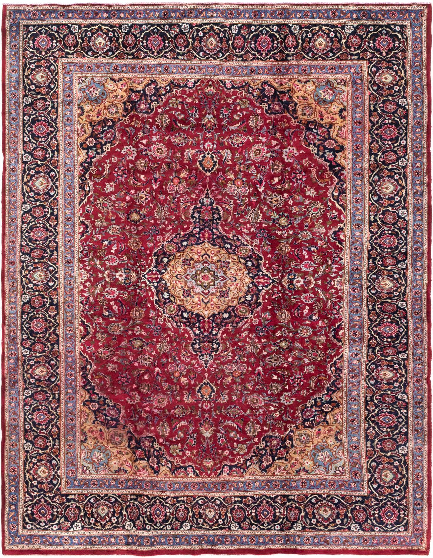A large 10x13 rectangular red Persian rug with an intricate botanical medallion pattern and dark blue border.