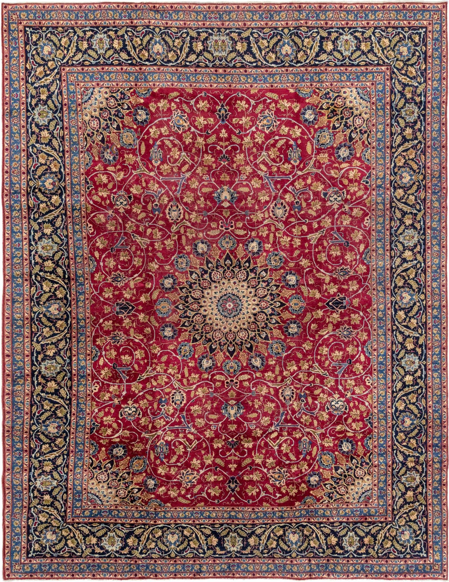 A 10x13 rectangular red Persian rug with a central medallion and intricate floral patterns in gold, blue, and black, framed by a dark blue border.