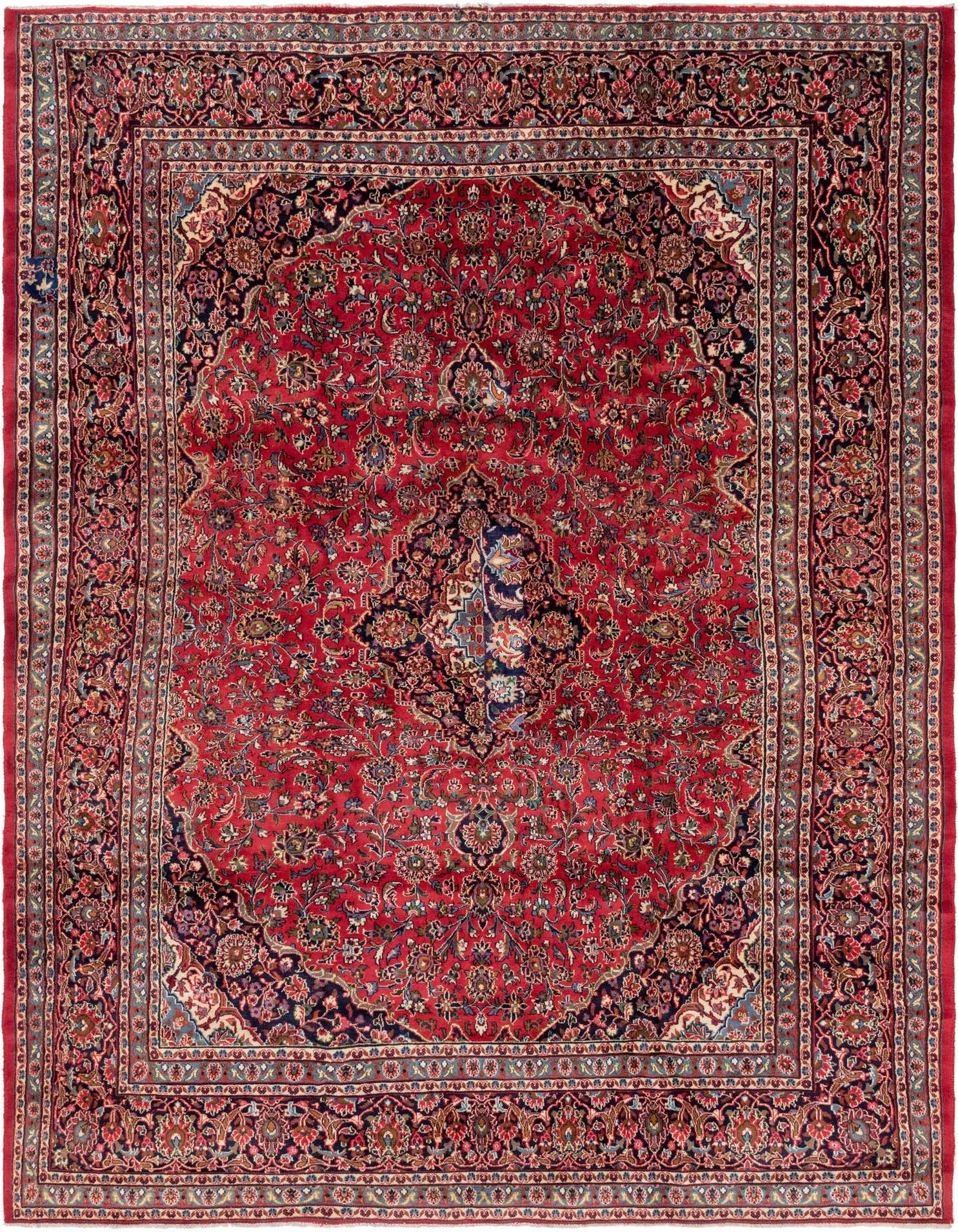 A 10x13 rectangular red Persian wool rug with an intricate medallion pattern and traditional floral border.