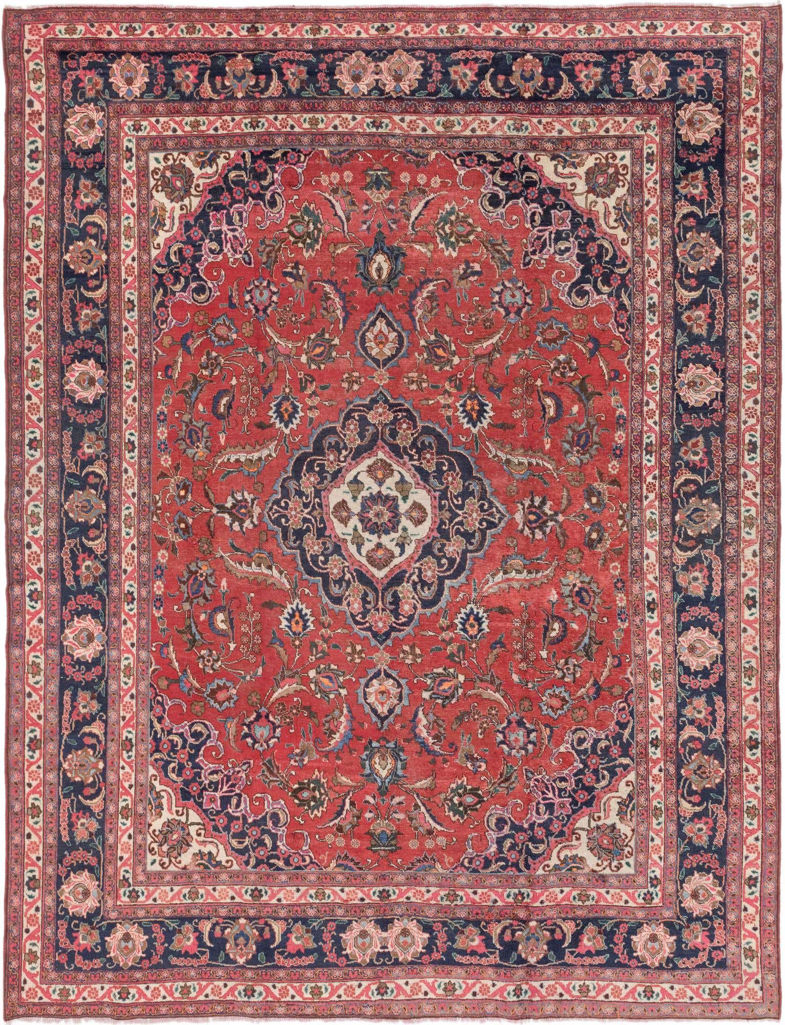 A 10x13 rectangular red Persian rug with a central medallion and intricate botanical patterns, ideal for a living room.