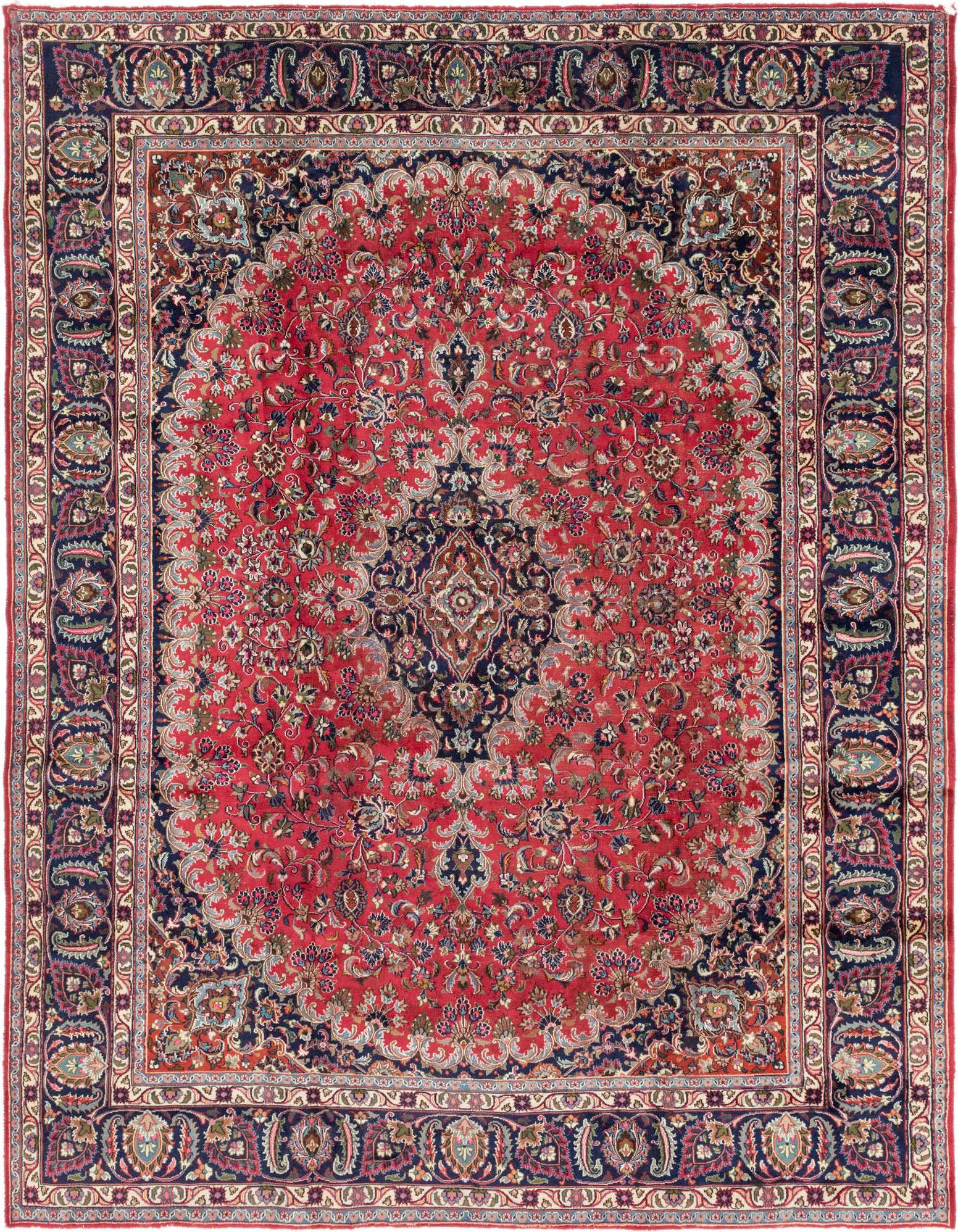 A 10x13 rectangular red Persian rug with a central medallion and intricate botanical patterns, perfect for a traditional living room.