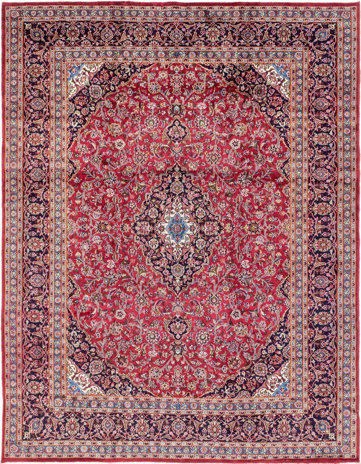 A 10x13 rectangular red Persian rug with an intricate botanical medallion pattern and a dark border.