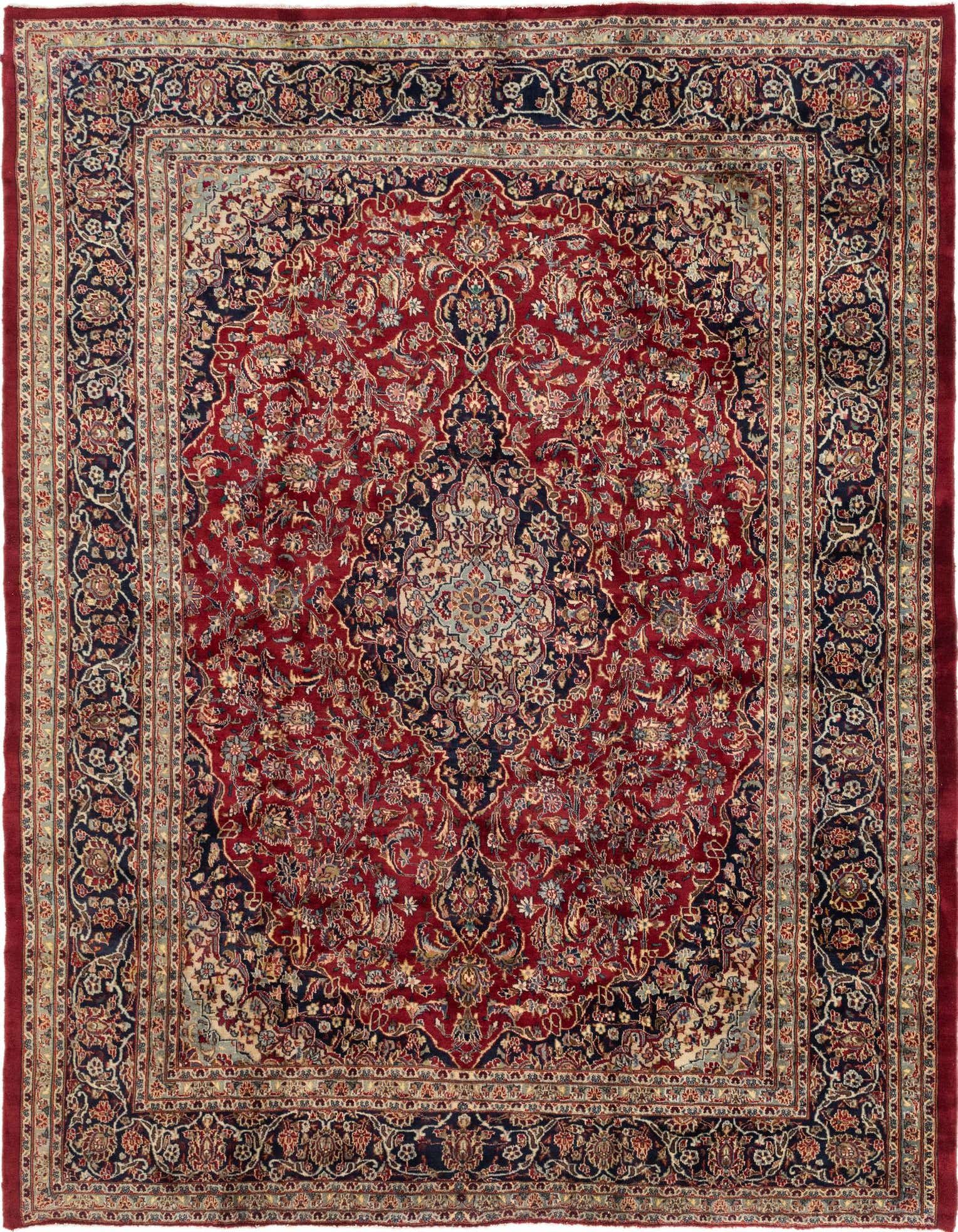A 10x13 rectangular red Persian rug with an intricate botanical medallion pattern and navy blue accents.