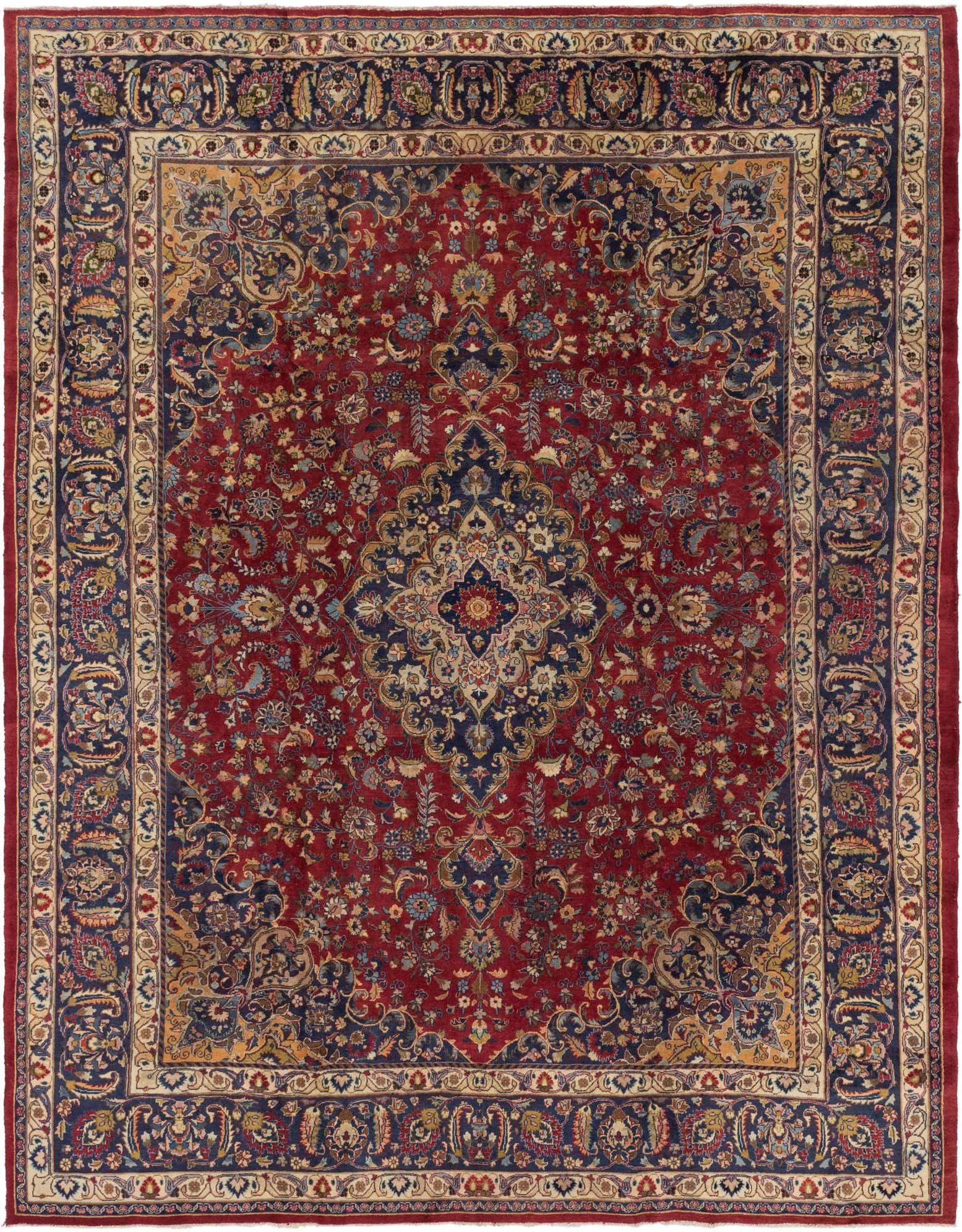 A 10x13 rectangular red Persian rug with a central navy medallion and intricate floral patterns, ideal for a living room.