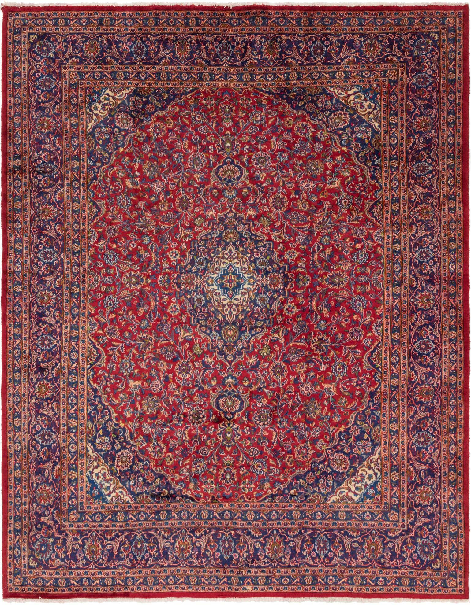 A 10x13 rectangular red Persian rug with a traditional medallion pattern and intricate floral details in blue and cream.