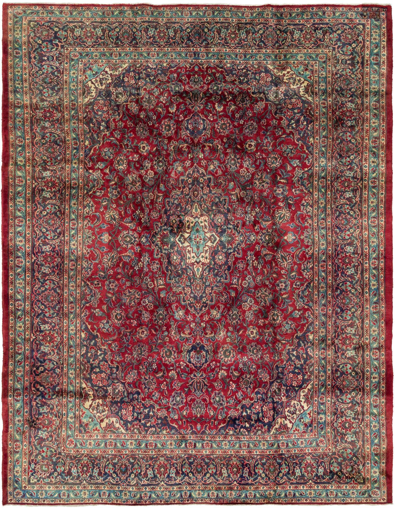 A large 10x13 rectangular red Persian rug with an intricate traditional medallion pattern and a detailed border, suitable for a living room.