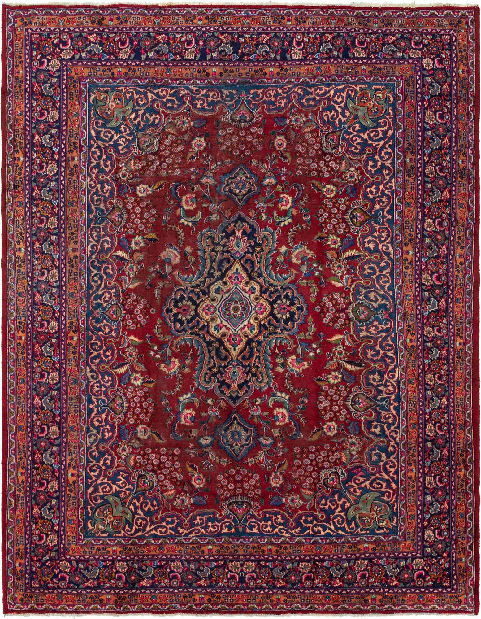 A 10x13 rectangular red Persian wool rug with an ornate central medallion and intricate botanical patterns.