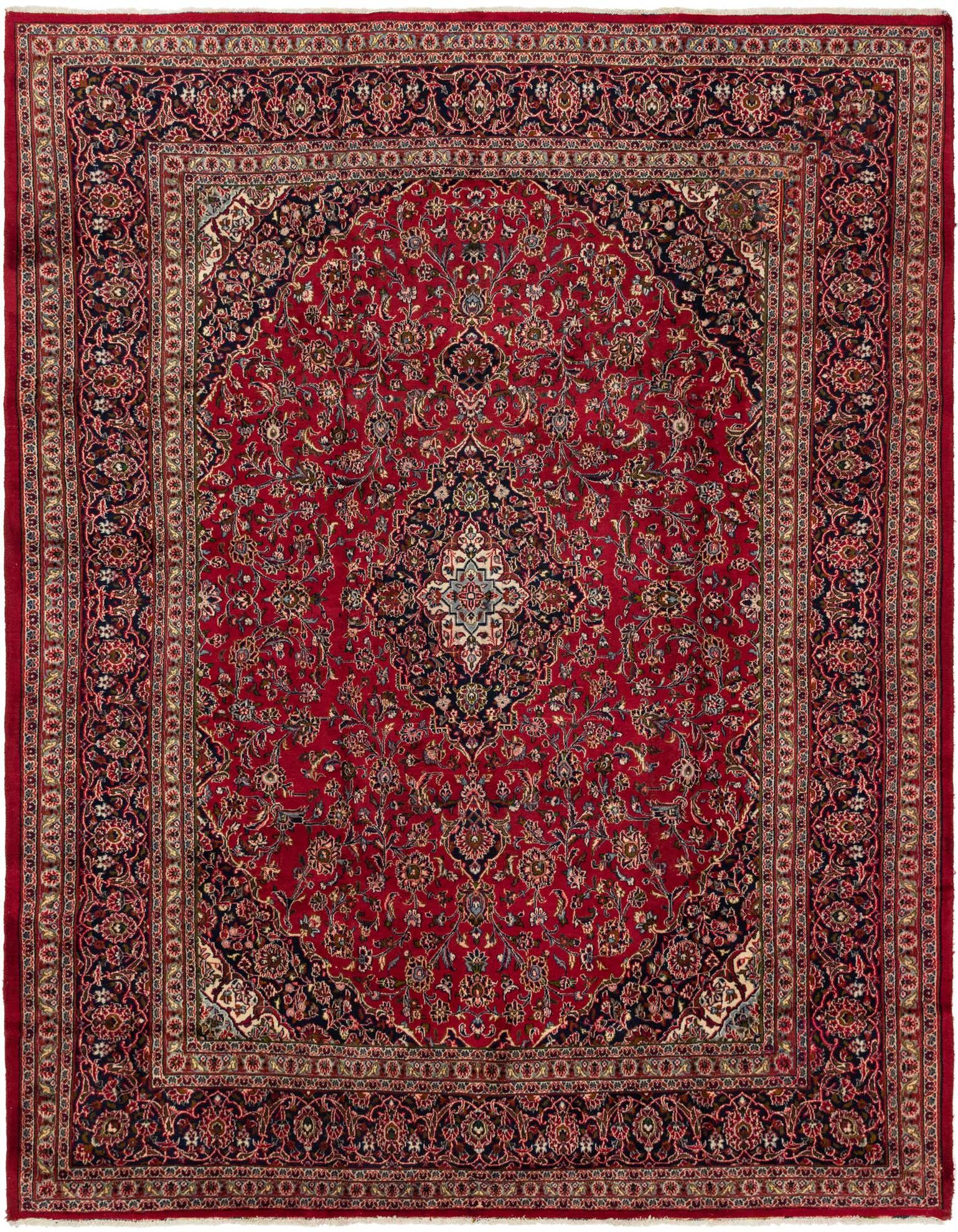 A 10x13 rectangular red Persian rug with an intricate medallion pattern and floral motifs in navy, gold, and cream.