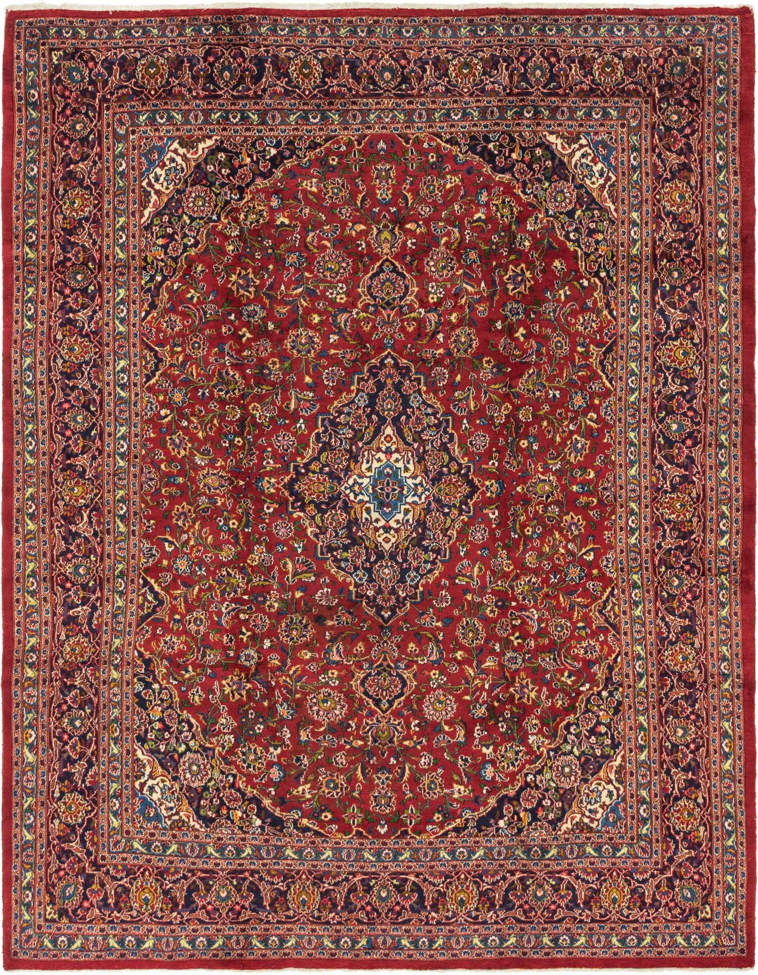 A large 10x13 rectangular red Persian rug with an intricate floral medallion pattern and dark blue border.