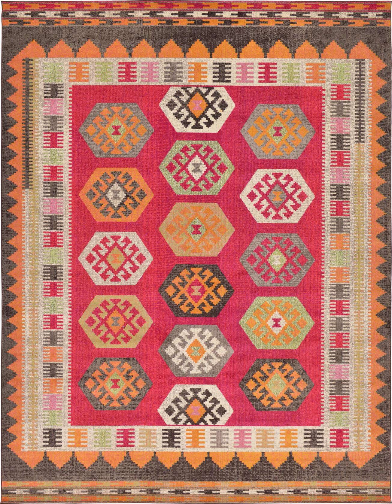 A vibrant red Southwestern rectangular rug featuring a grid of colorful geometric hexagonal medallions and a tribal border.