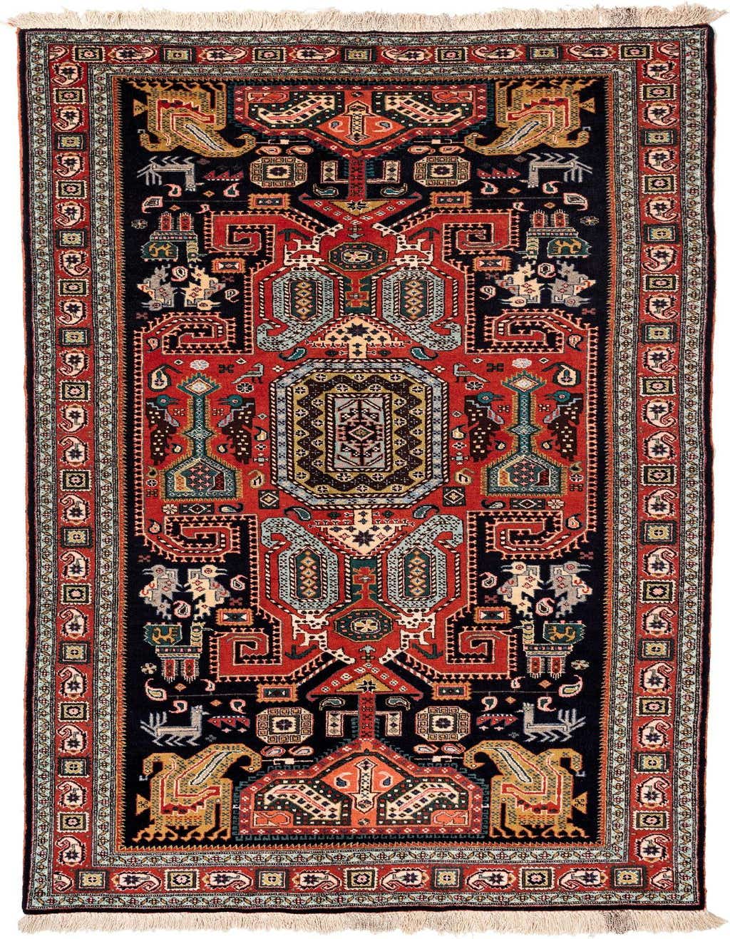 A 6x9 rectangular Meskin rug with a rich red field, dark navy border, and intricate traditional patterns.