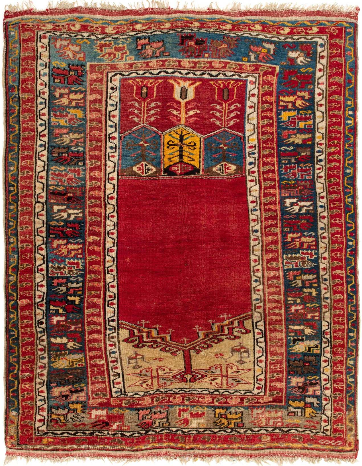 A 3x5 rectangular Milas rug featuring a vibrant red field with intricate Persian patterns in blue, yellow, and cream.